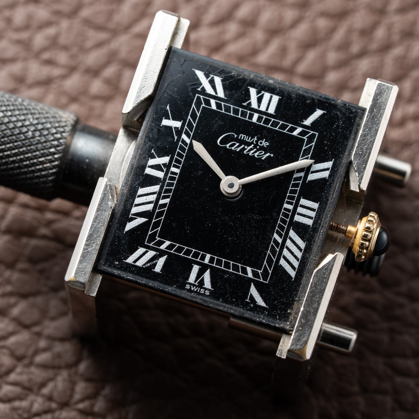 Cartier Must de Tank Vermeil Black Roman GM Full Set from 1987