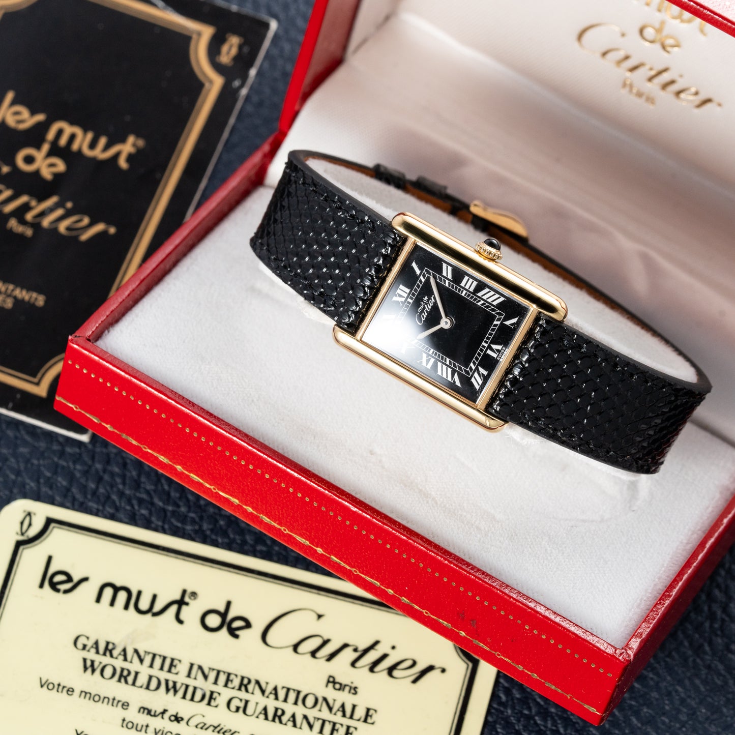 Cartier Must de Tank Vermeil Black Roman GM Full Set from 1987