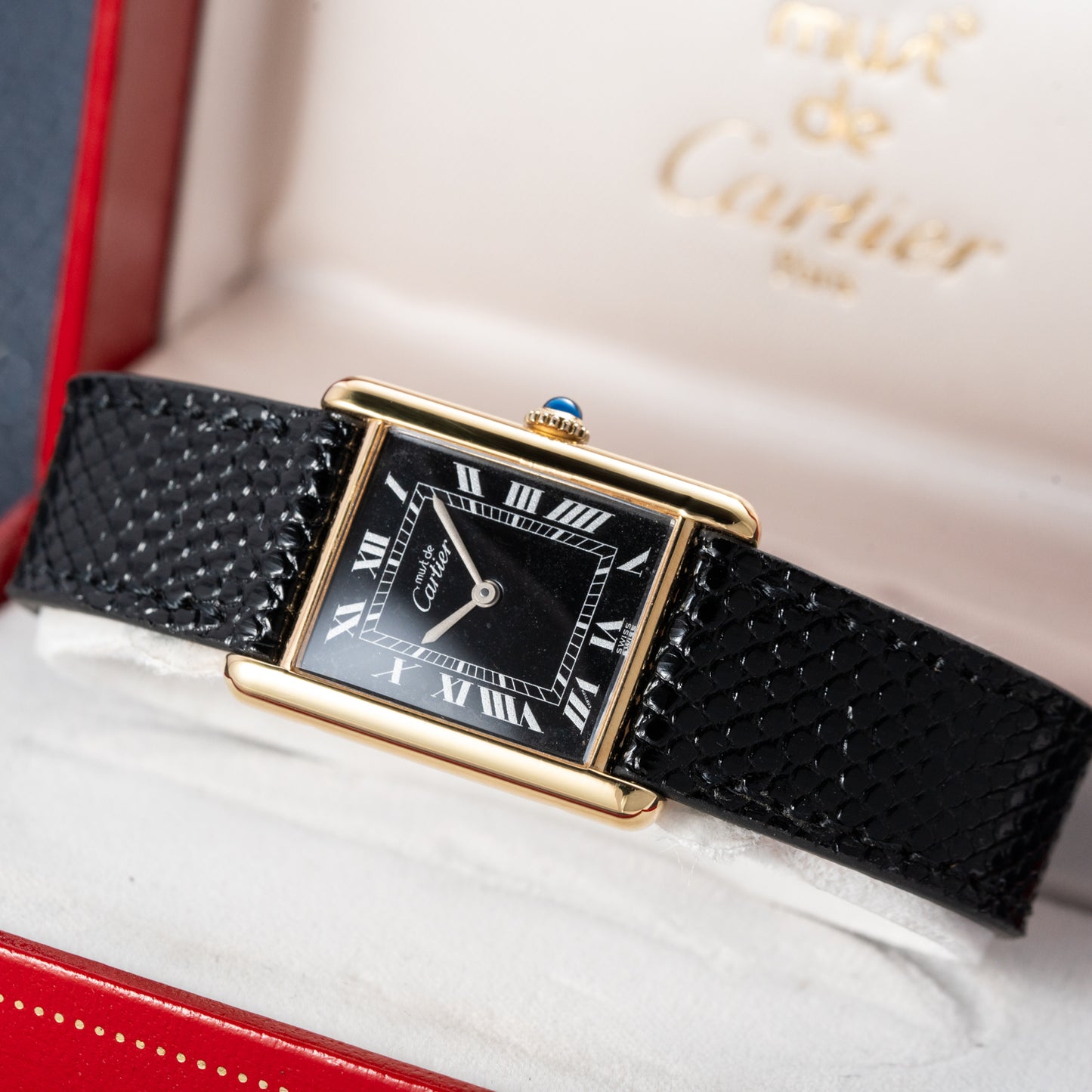 Cartier Must de Tank Vermeil Black Roman GM Full Set from 1987