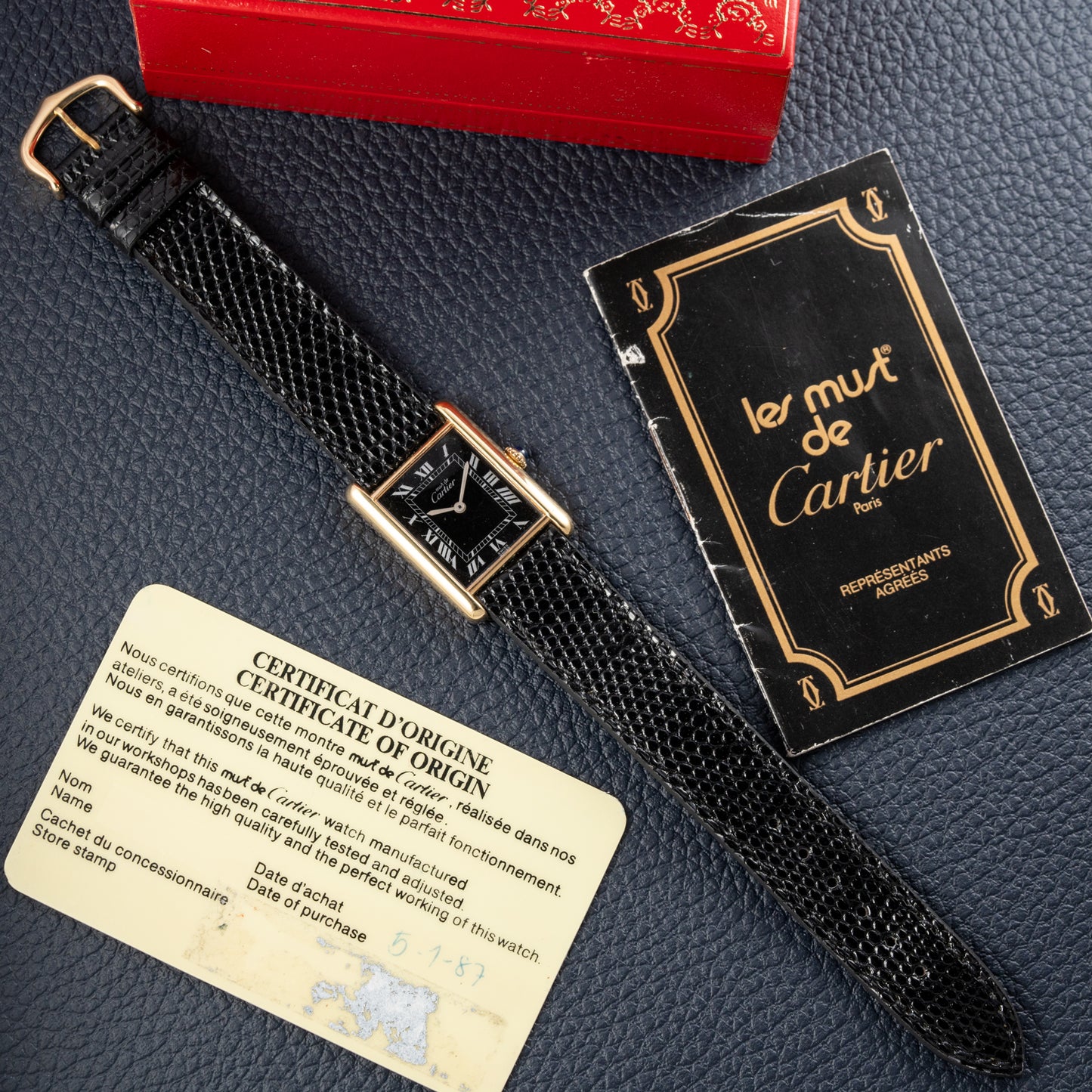 Cartier Must de Tank Vermeil Black Roman GM Full Set from 1987