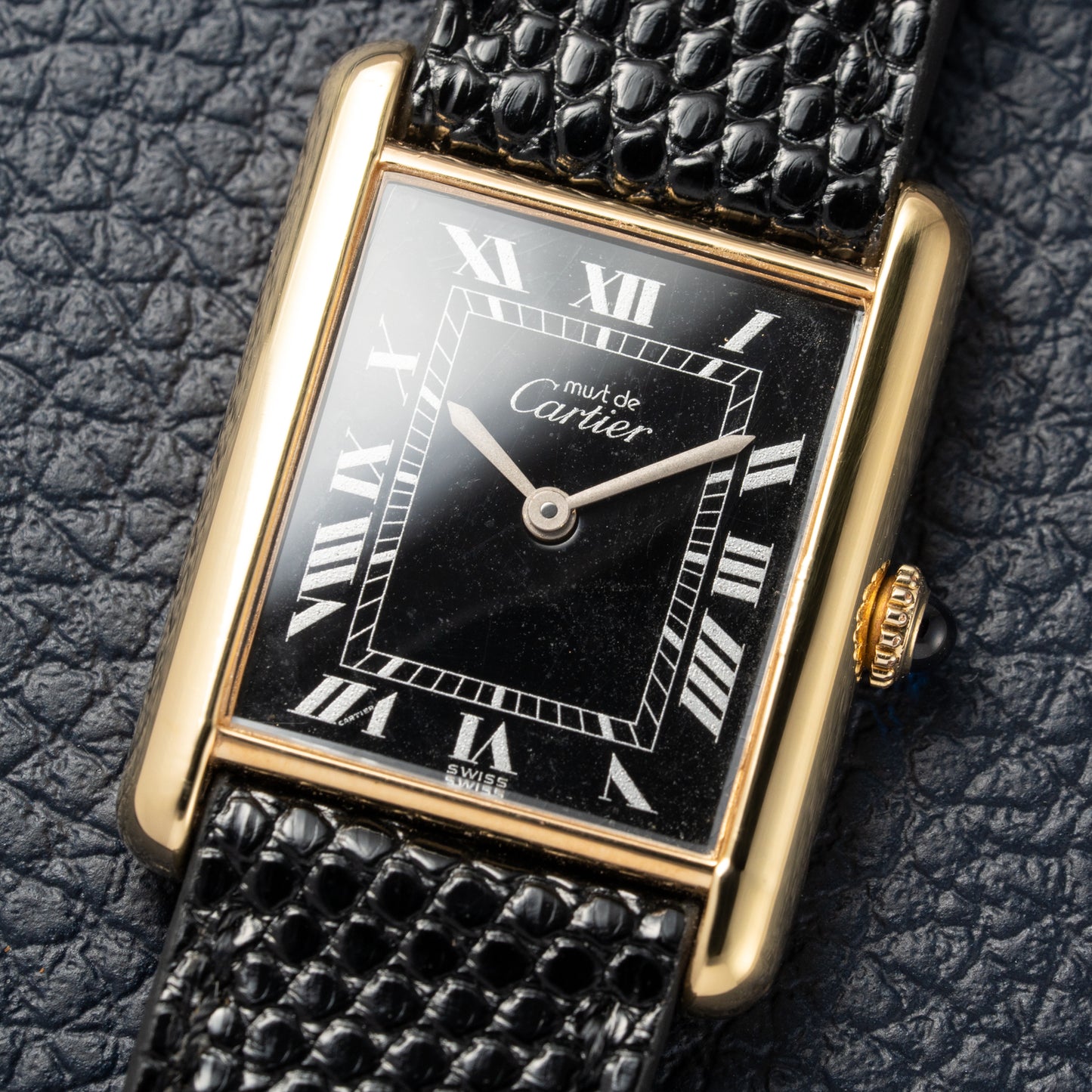 Cartier Must de Tank Vermeil Black Roman GM Full Set from 1987