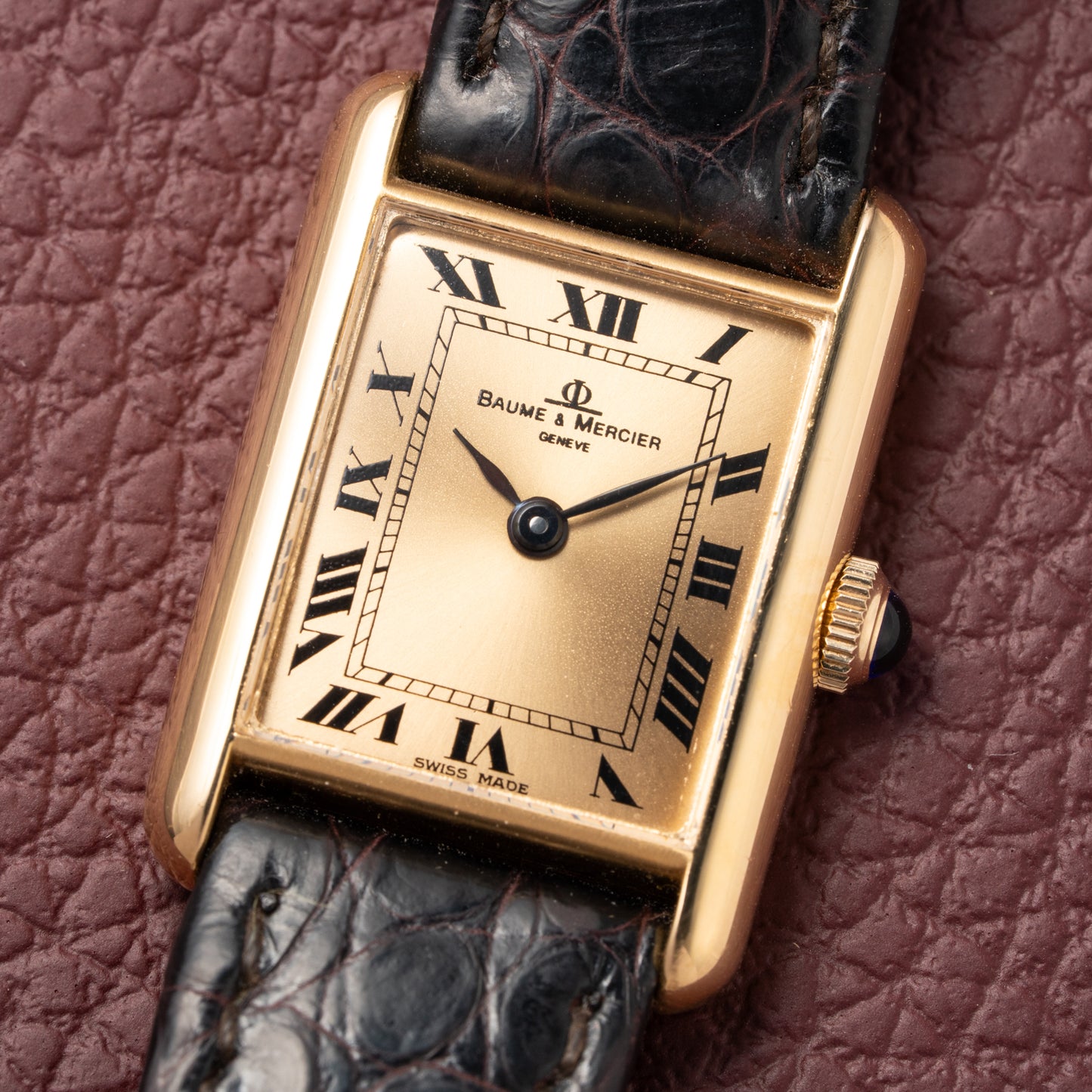 Baume & Mercier Genève Tank Black Roman Numerals 18k Yellow Gold signed by OJ Perrin Paris Ref 38302