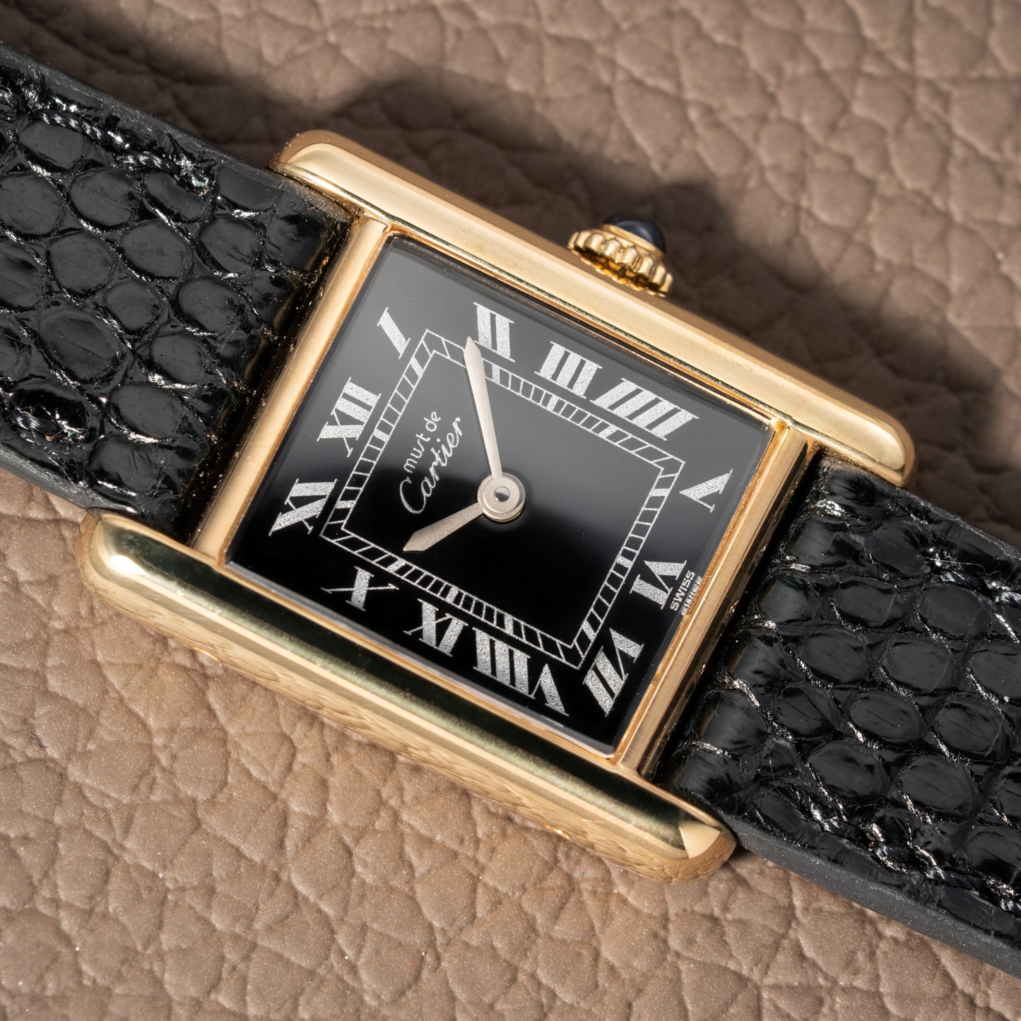 Cartier Tank Vermeil Black Roman Dial PM 1980s