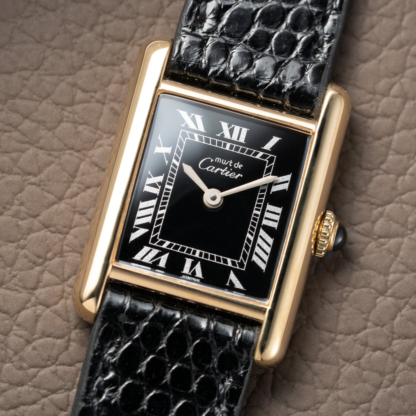 Cartier Tank Vermeil Black Roman Dial PM 1980s
