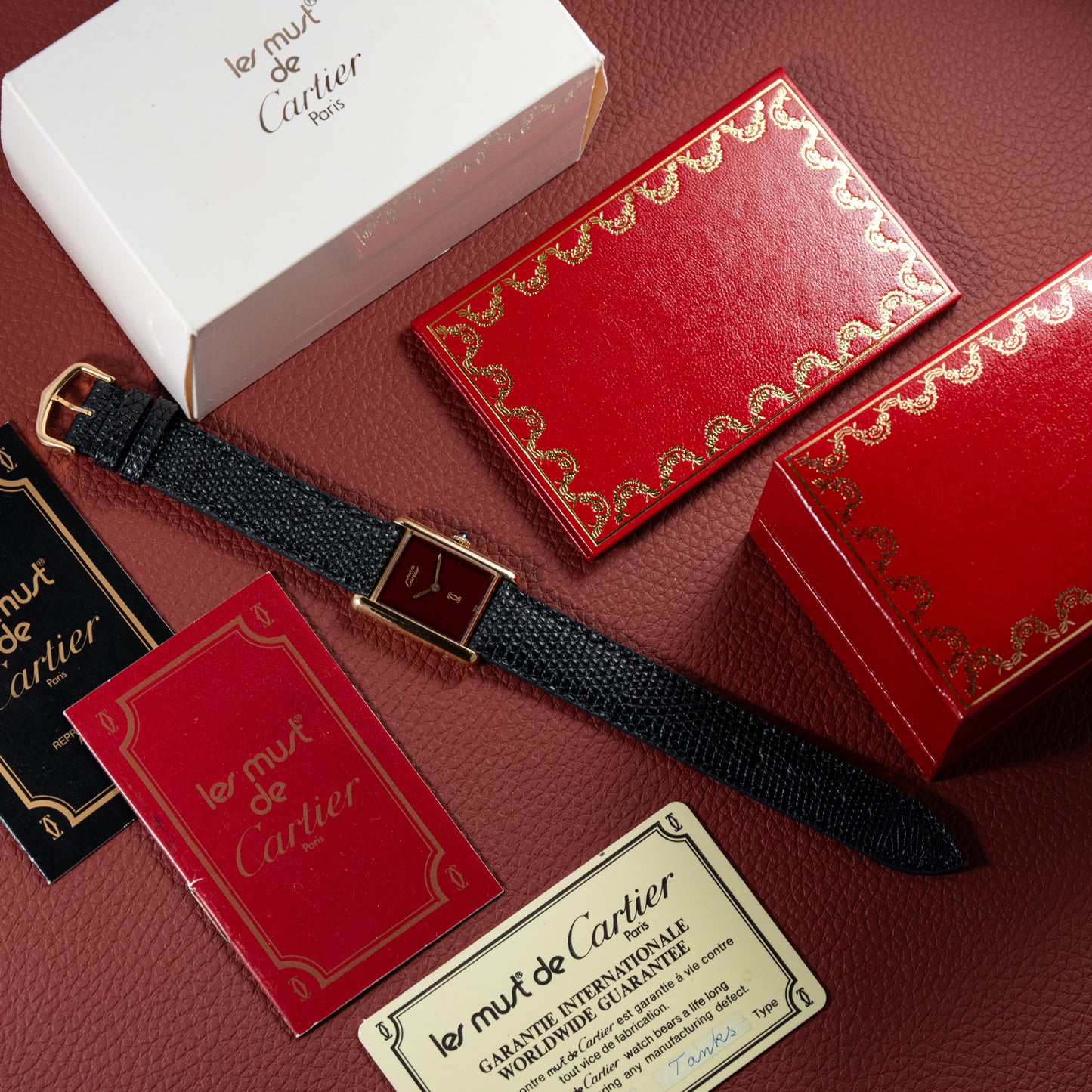 Cartier Must de Tank Vermeil Burgundy Ultra Full Set from 1981