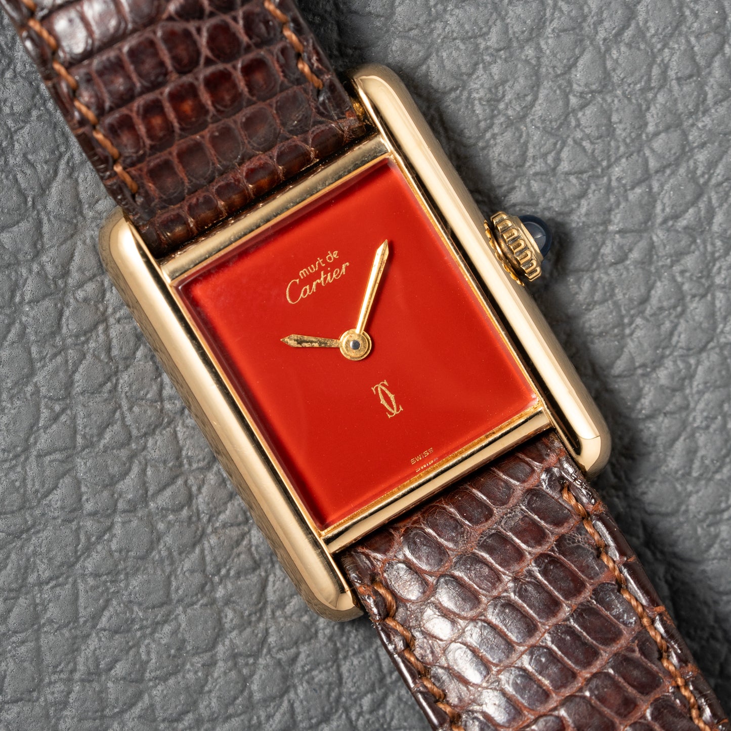 Cartier Must de Tank Vermeil Burgundy Red Dial PM 1980s