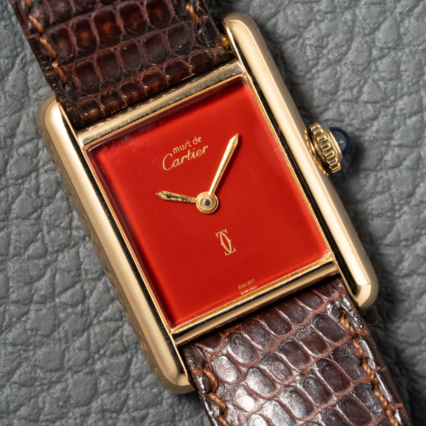 Cartier Must de Tank Vermeil Burgundy Red Dial PM 1980s