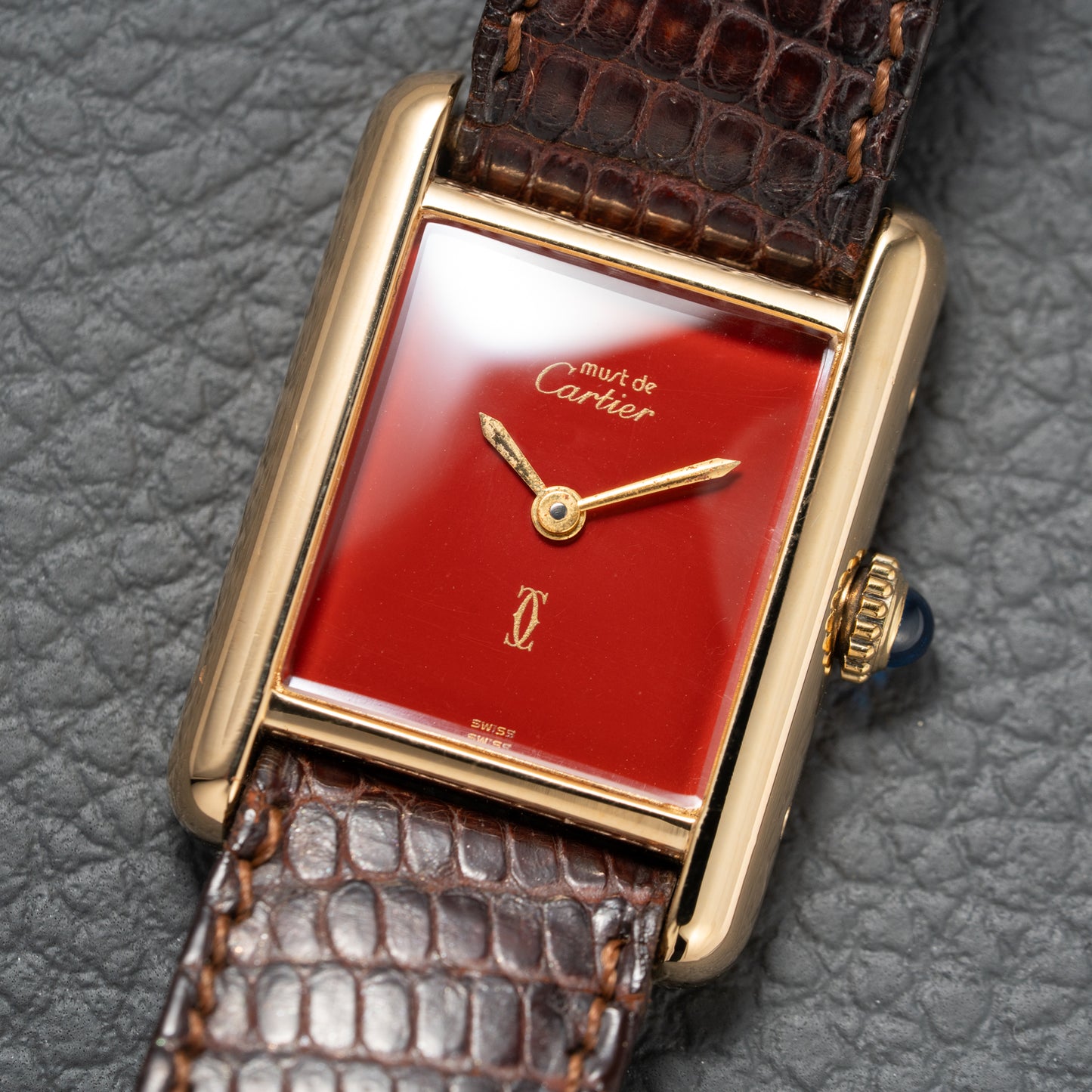 Cartier Must de Tank Vermeil Burgundy Red Dial PM 1980s