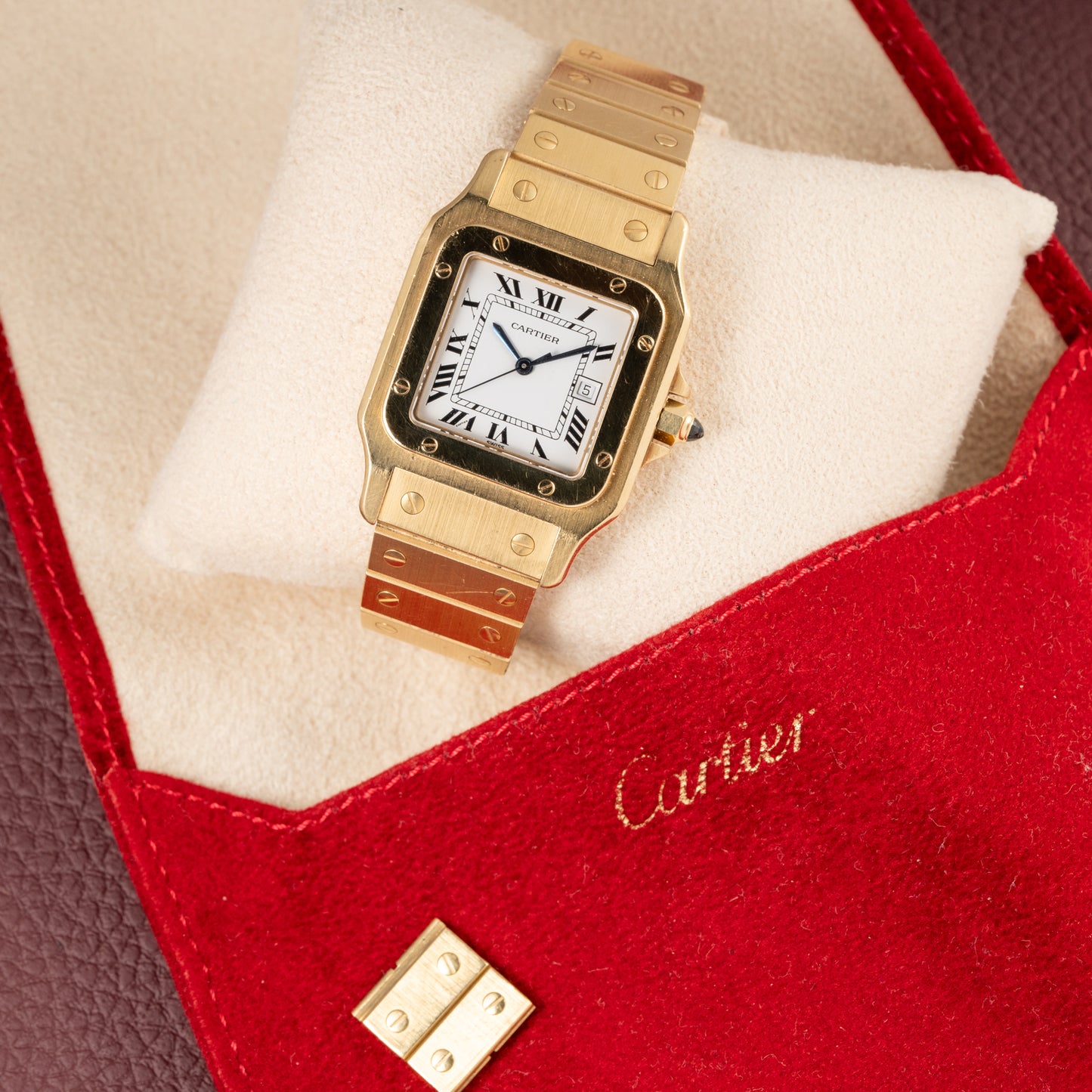 Cartier Santos Carrée Or Massif Gordon Gekko Unpolished 18k Yellow Gold Ref 2960 from 1980s