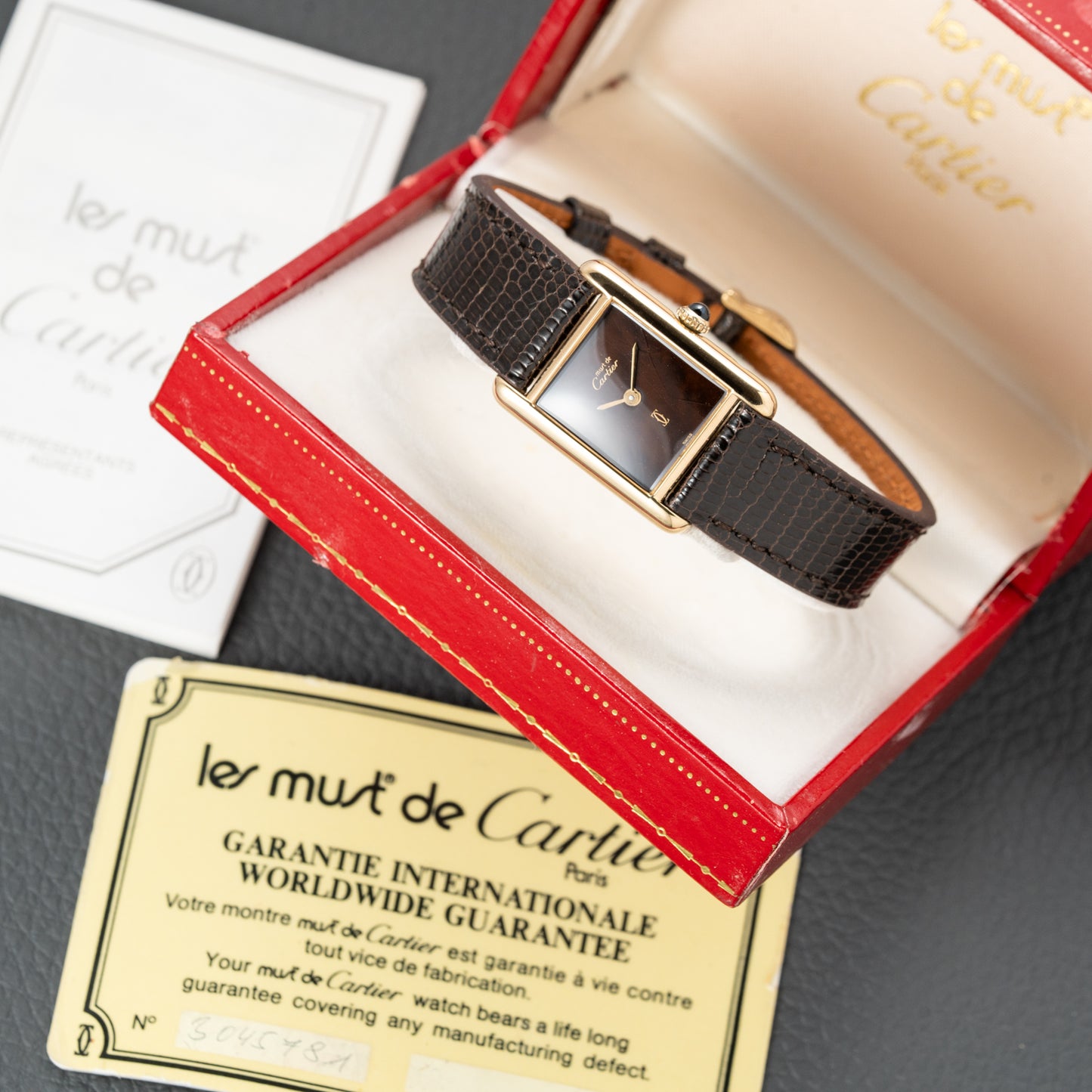 Cartier Tank Must de Vermeil 'Turtle Shell' Brown Wood Dial PM Full Set from 1978!