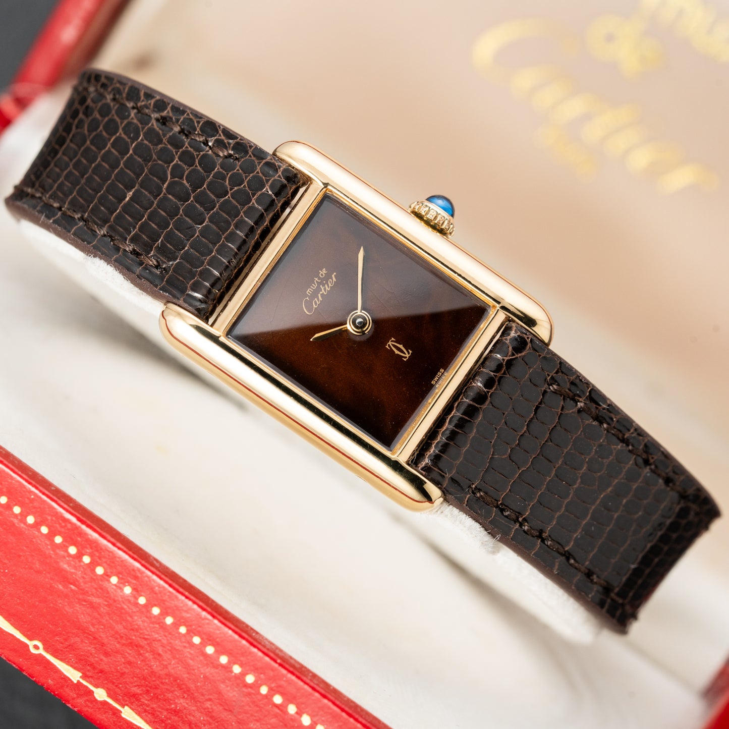Cartier Tank Must de Vermeil 'Turtle Shell' Brown Wood Dial PM Full Set from 1978!