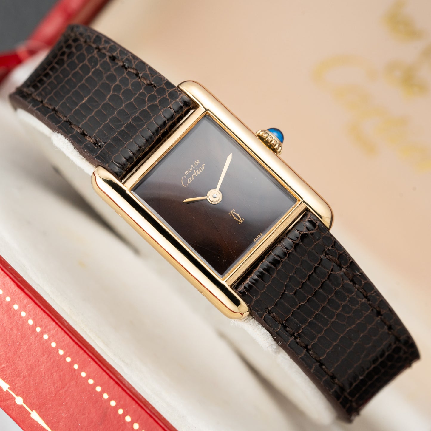 Cartier Tank Must de Vermeil 'Turtle Shell' Brown Wood Dial PM Full Set from 1978!