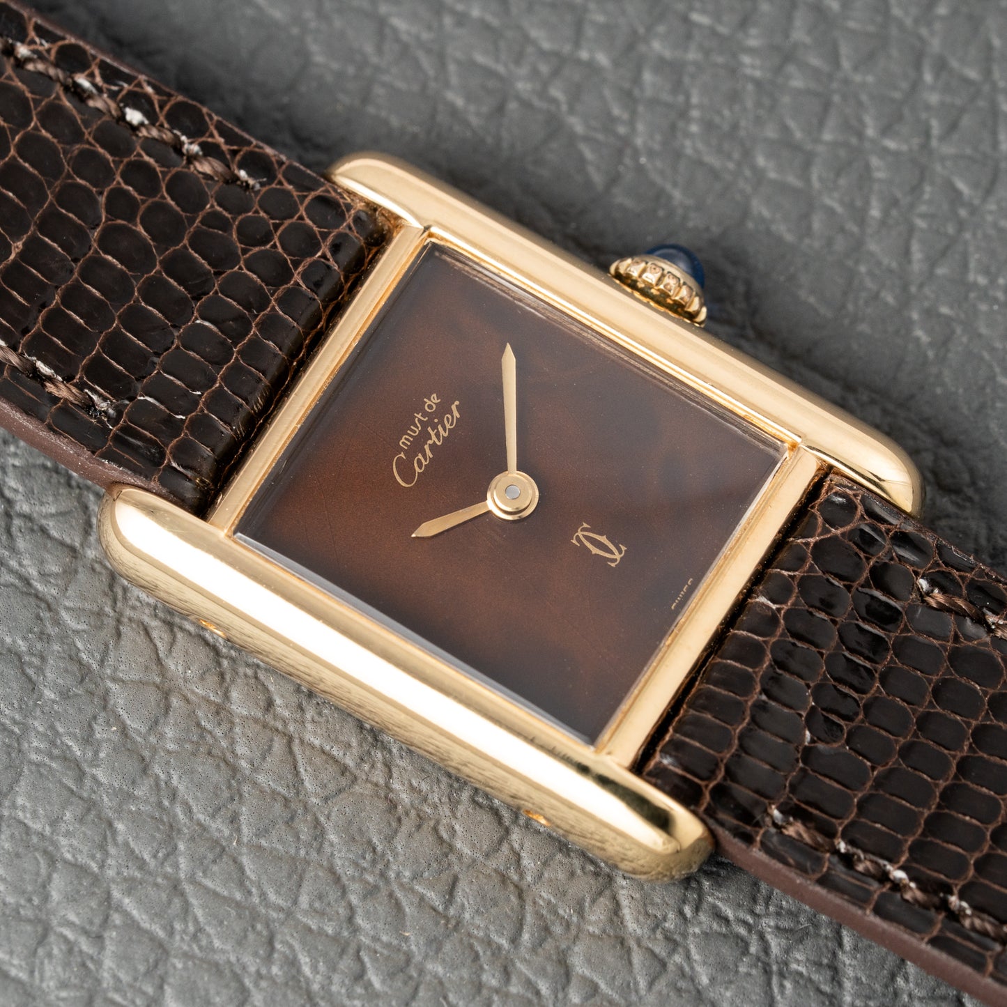 Cartier Tank Must de Vermeil 'Turtle Shell' Brown Wood Dial PM Full Set from 1978!