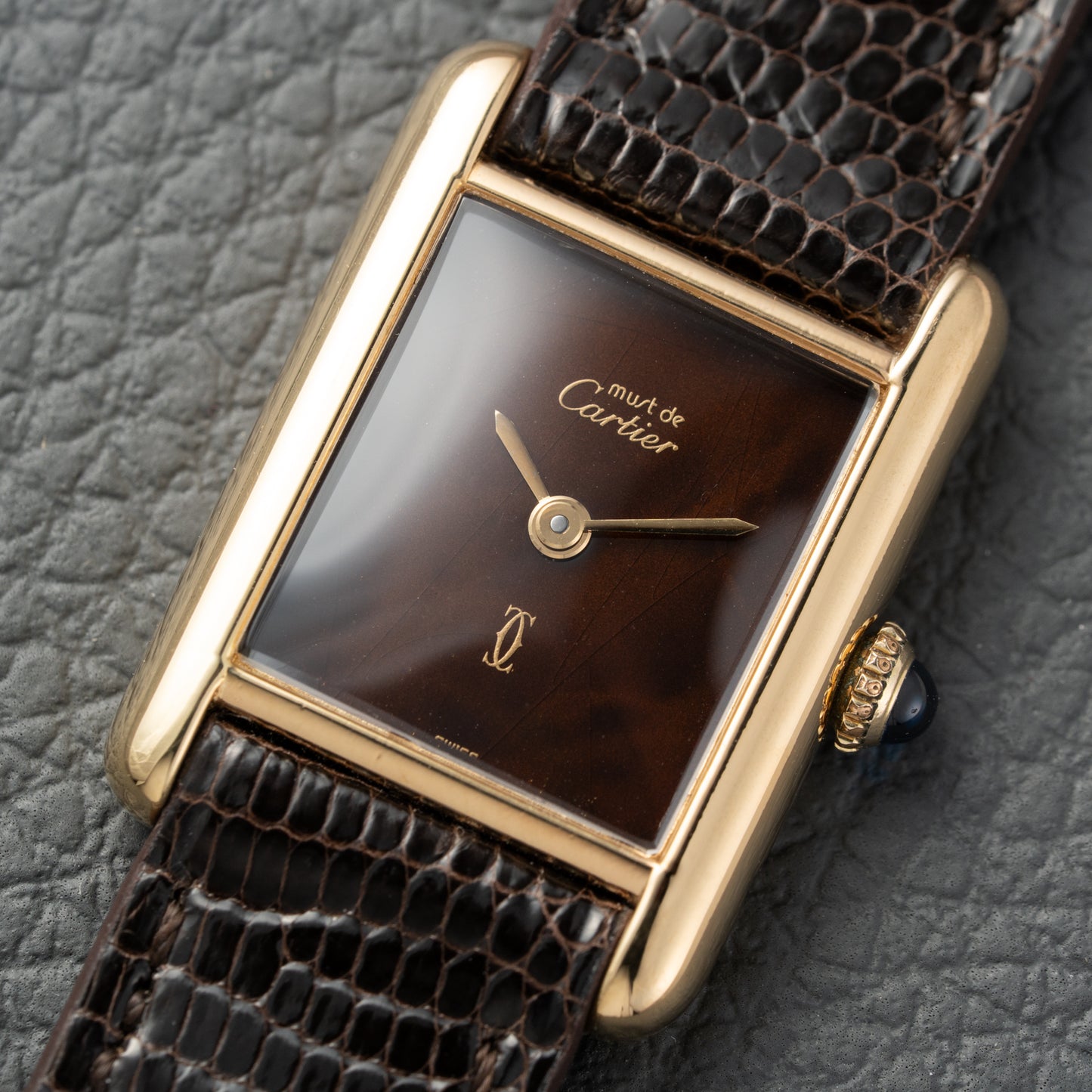 Cartier Tank Must de Vermeil 'Turtle Shell' Brown Wood Dial PM Full Set from 1978!