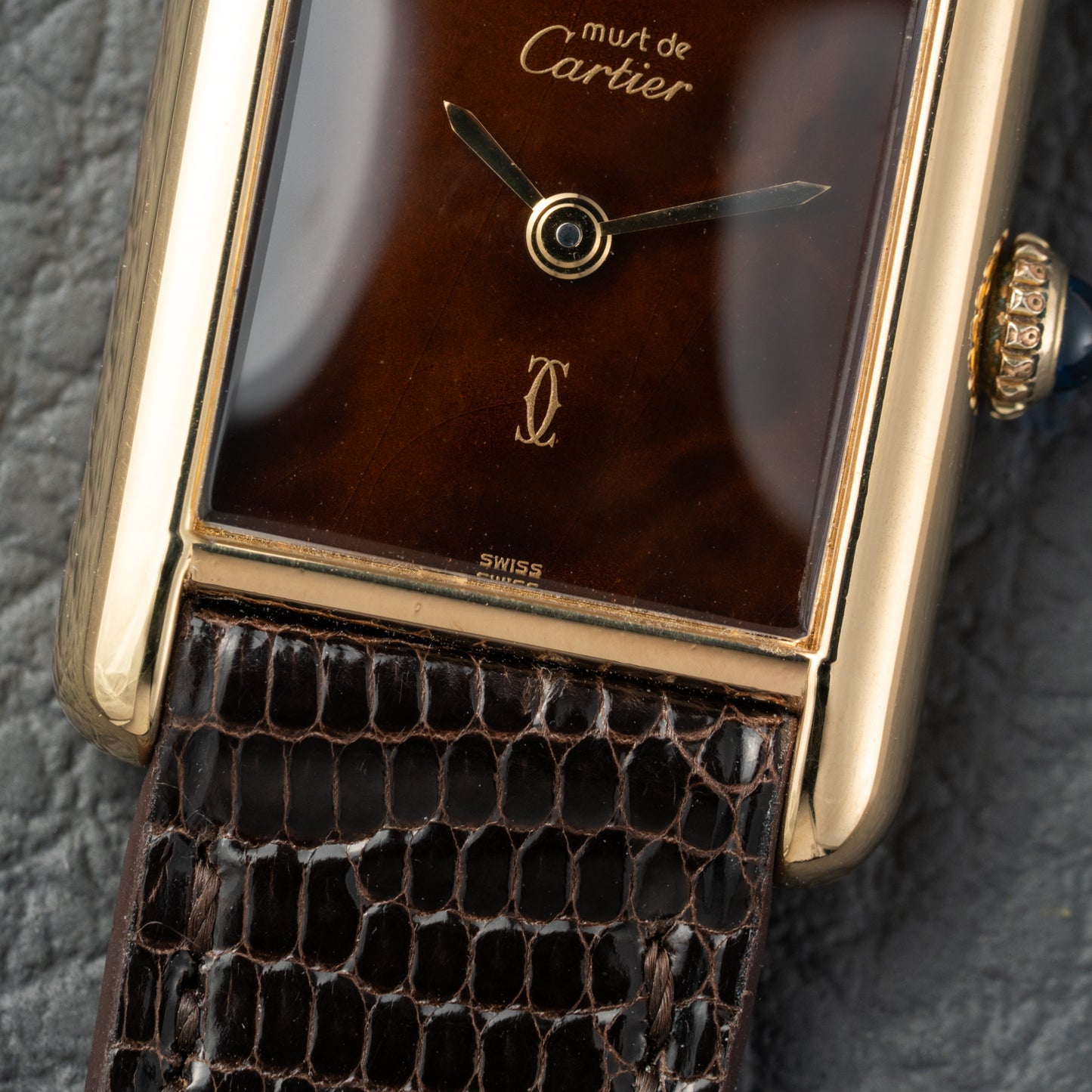Cartier Tank Must de Vermeil 'Turtle Shell' Brown Wood Dial PM Full Set from 1978!