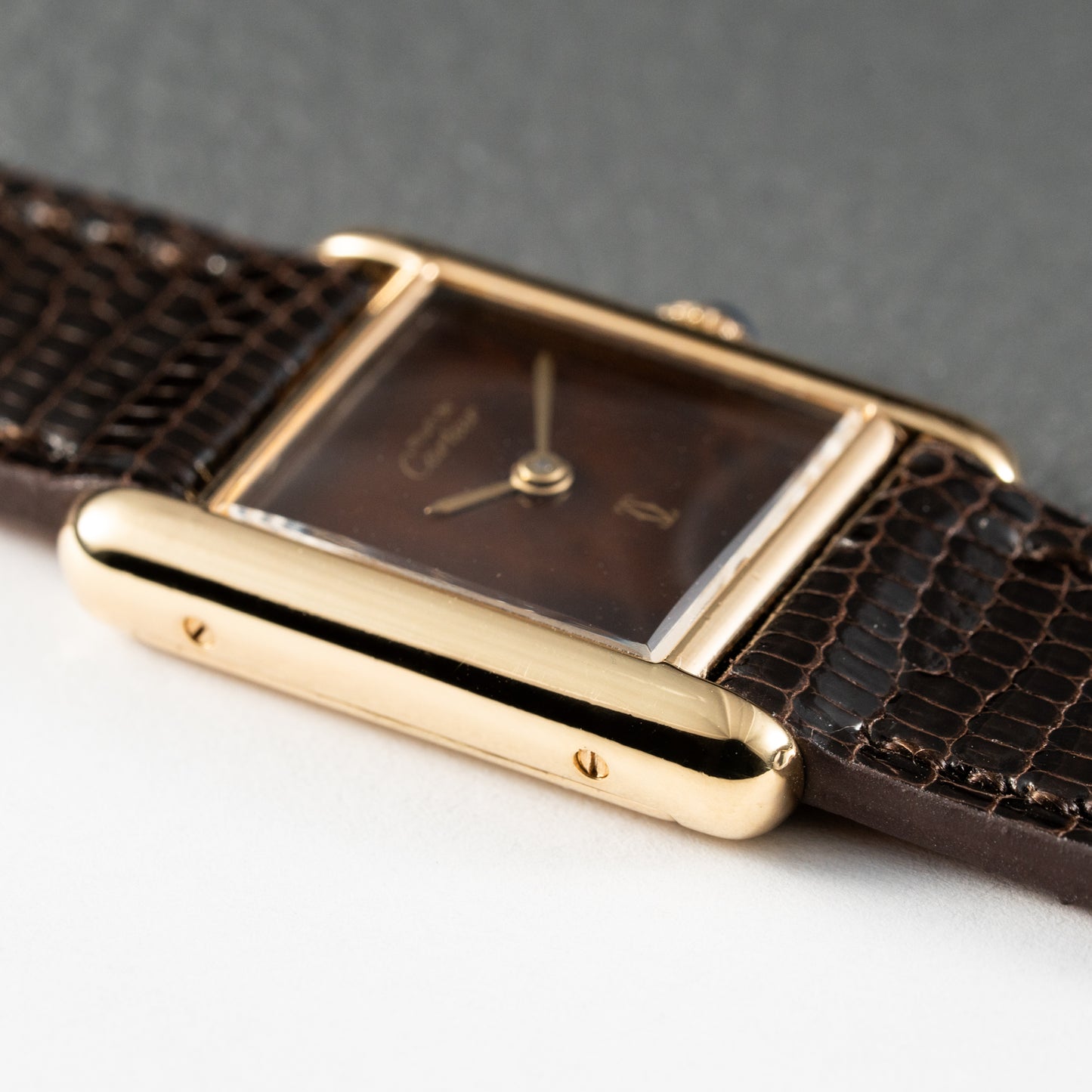 Cartier Tank Must de Vermeil 'Turtle Shell' Brown Wood Dial PM Full Set from 1978!