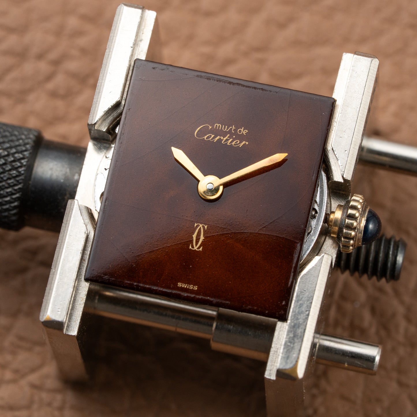 Cartier Tank Must de Vermeil ‘Turtle Shell’ Brown Wood Dial PM from 1980s