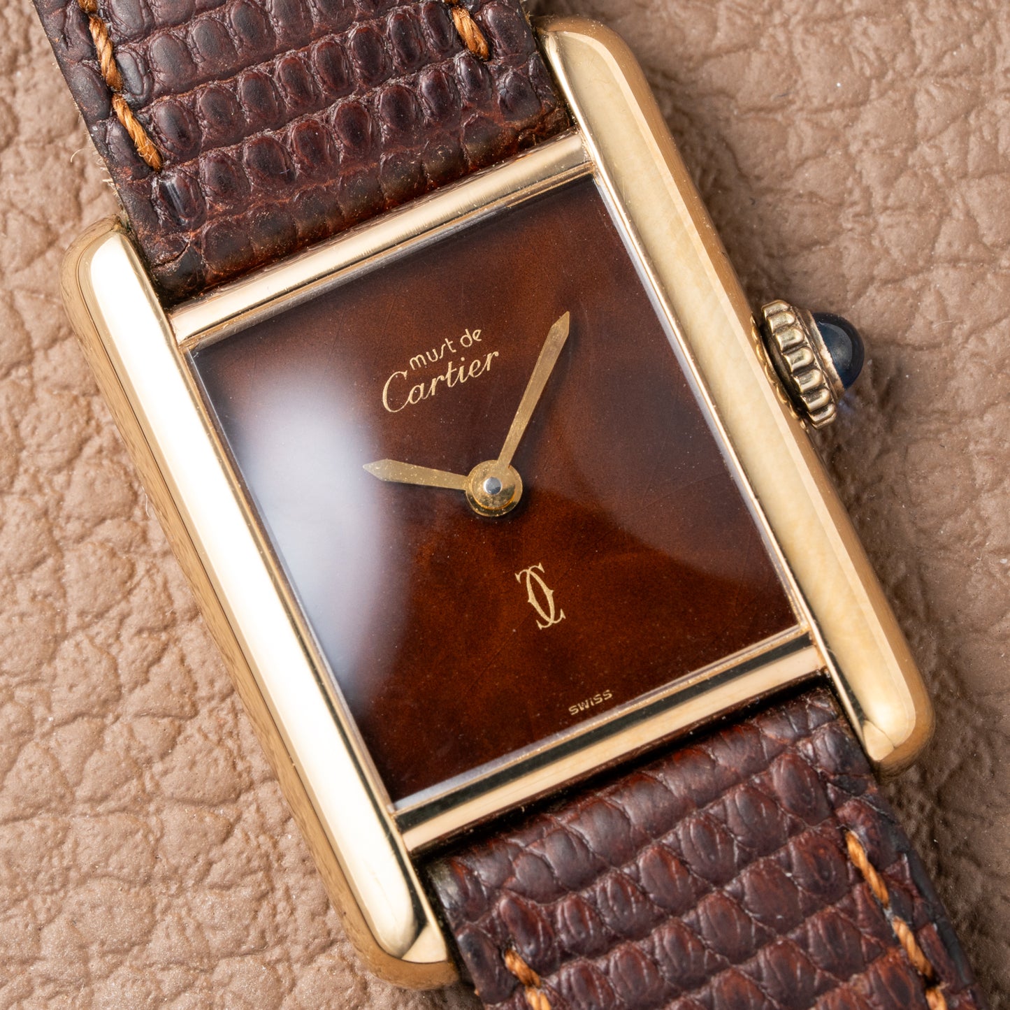 Cartier Tank Must de Vermeil ‘Turtle Shell’ Brown Wood Dial PM from 1980s