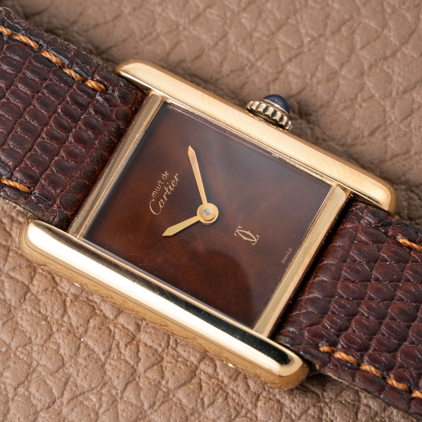 Cartier Tank Must de Vermeil ‘Turtle Shell’ Brown Wood Dial PM from 1980s