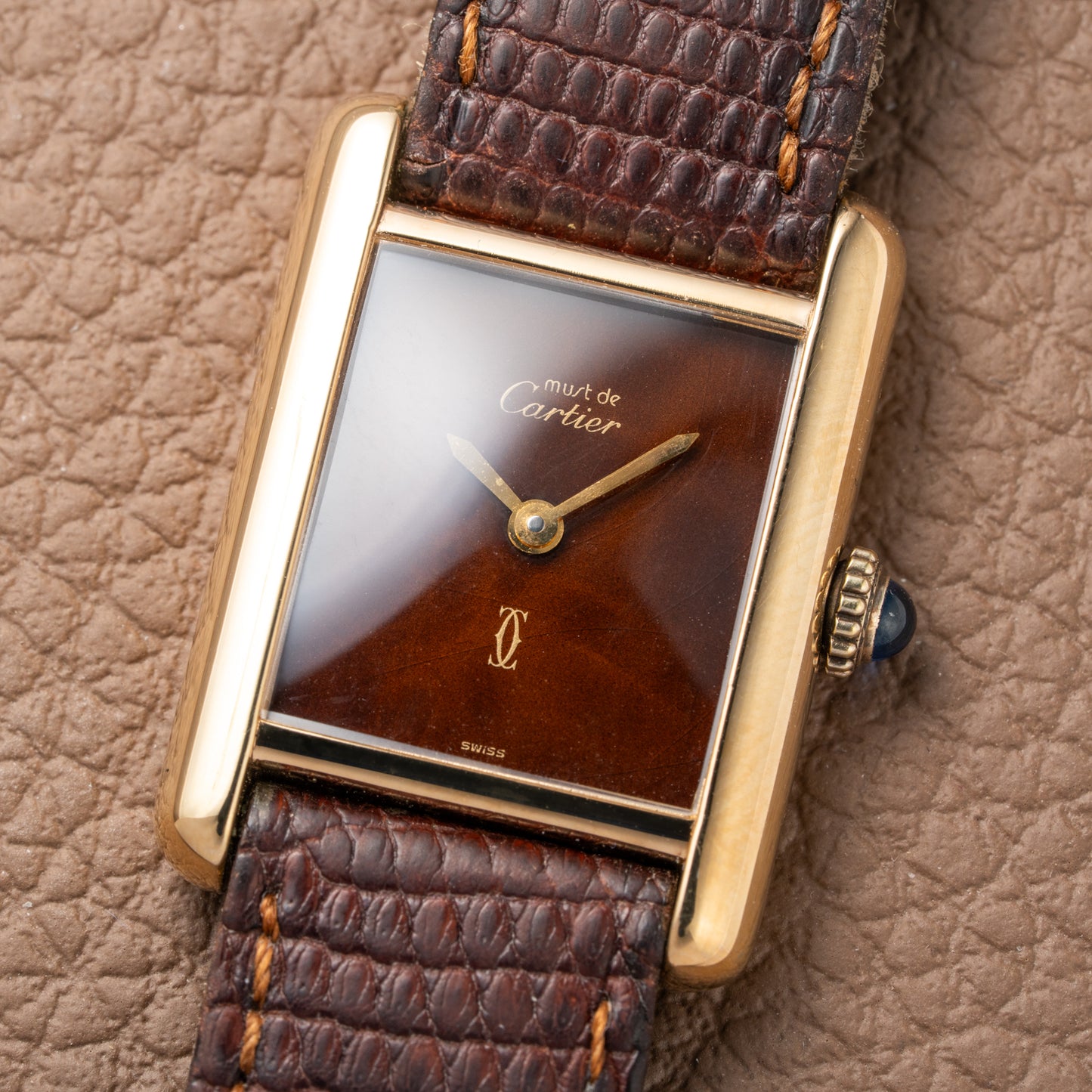 Cartier Tank Must de Vermeil ‘Turtle Shell’ Brown Wood Dial PM from 1980s