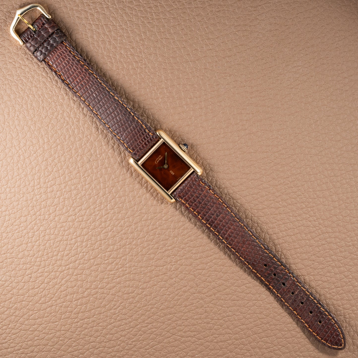 Cartier Tank Must de Vermeil ‘Turtle Shell’ Brown Wood Dial PM from 1980s