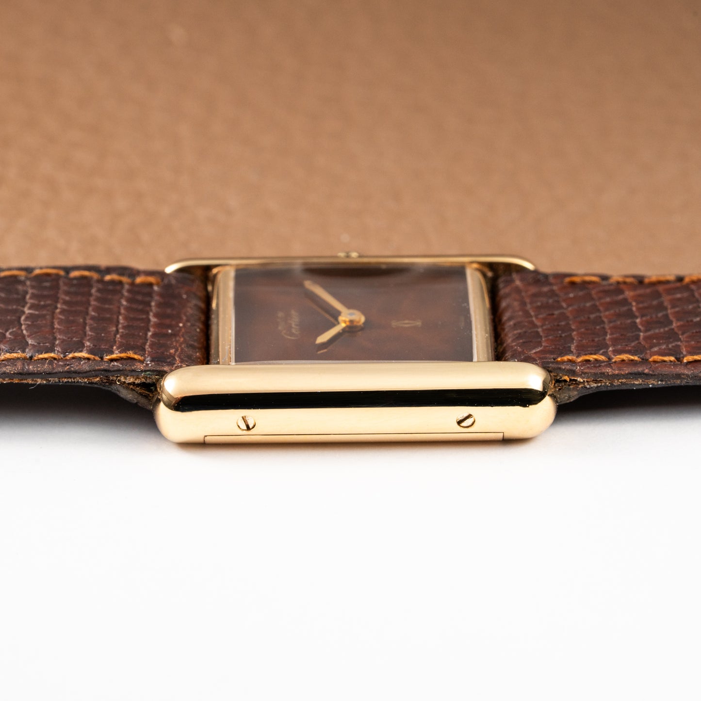 Cartier Tank Must de Vermeil ‘Turtle Shell’ Brown Wood Dial PM from 1980s