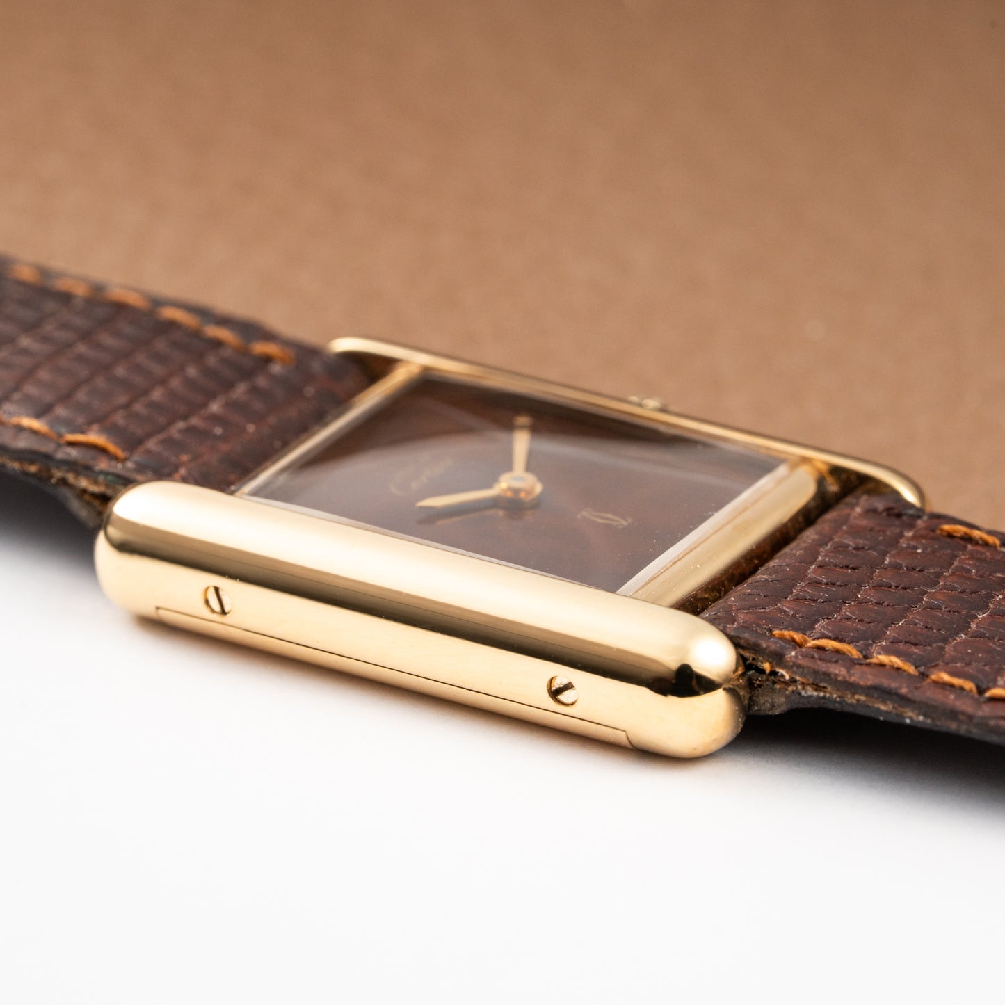 Cartier Tank Must de Vermeil ‘Turtle Shell’ Brown Wood Dial PM from 1980s
