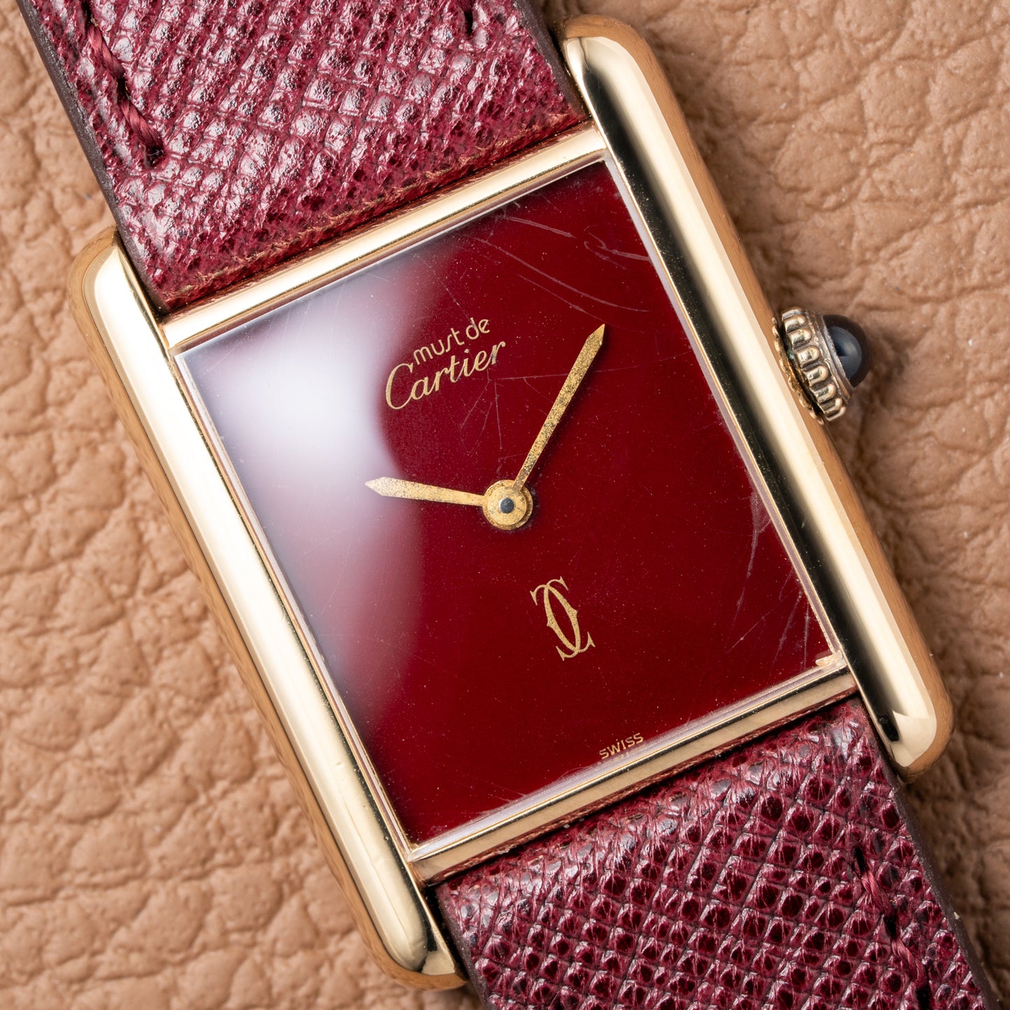 Cartier Must de Tank Vermeil Burgundy Red Dial GM 1980s
