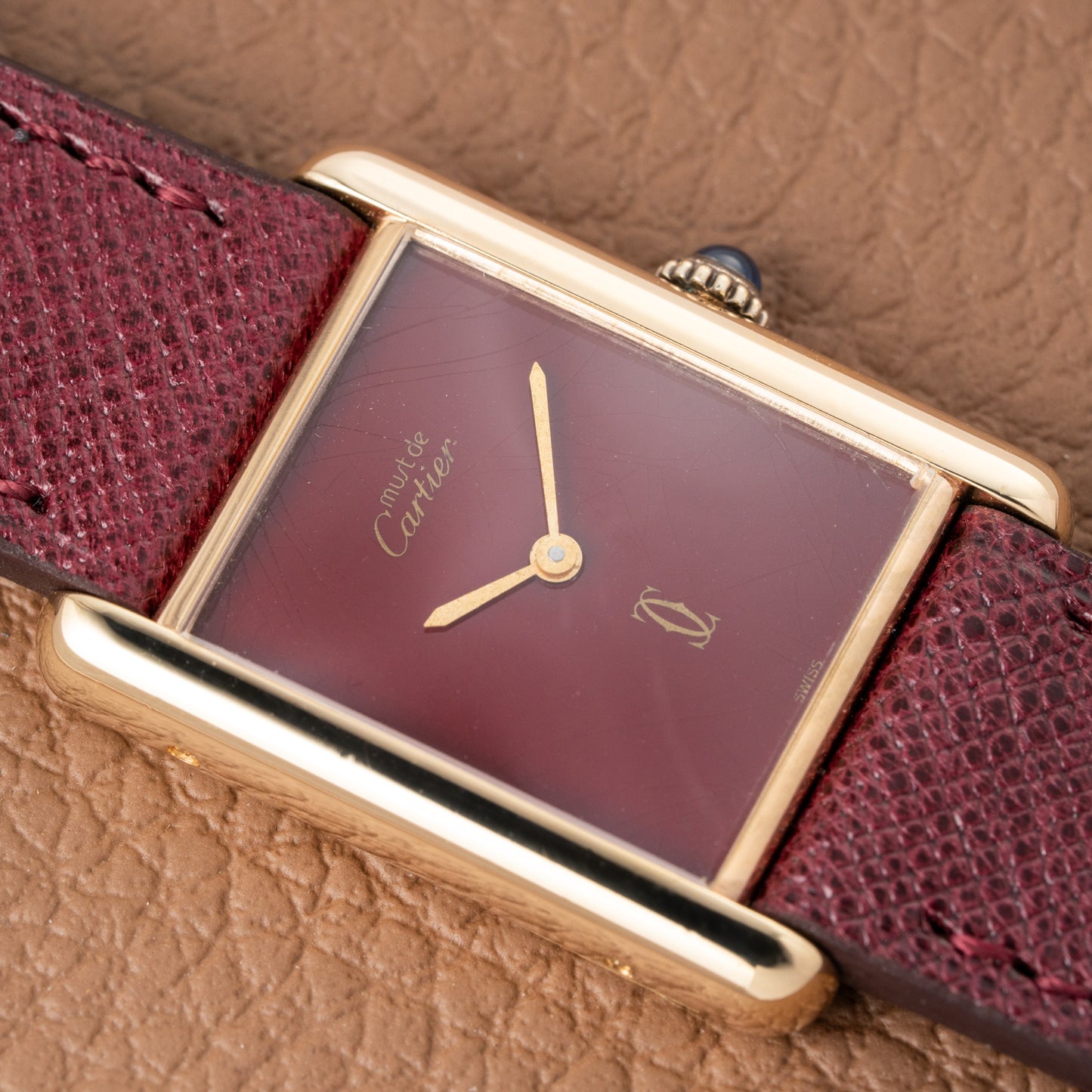 Cartier Must de Tank Vermeil Burgundy Red Dial GM 1980s