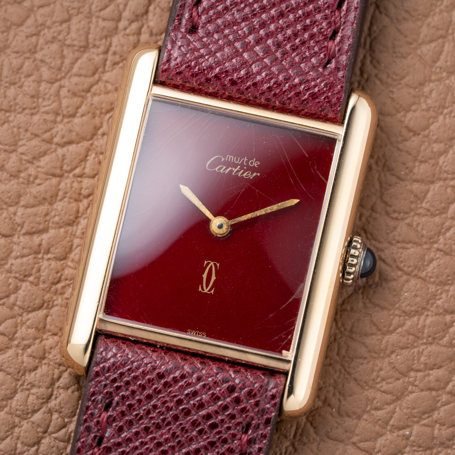 Cartier Must de Tank Vermeil Burgundy Red Dial GM 1980s