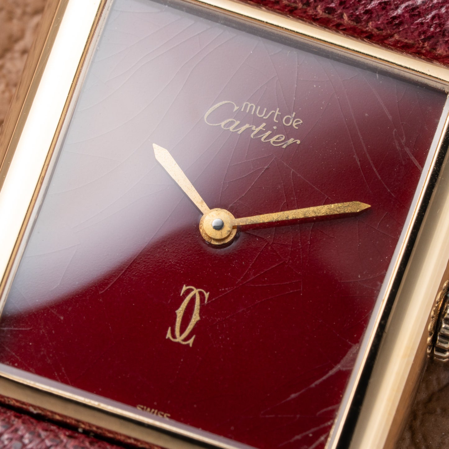 Cartier Must de Tank Vermeil Burgundy Red Dial GM 1980s