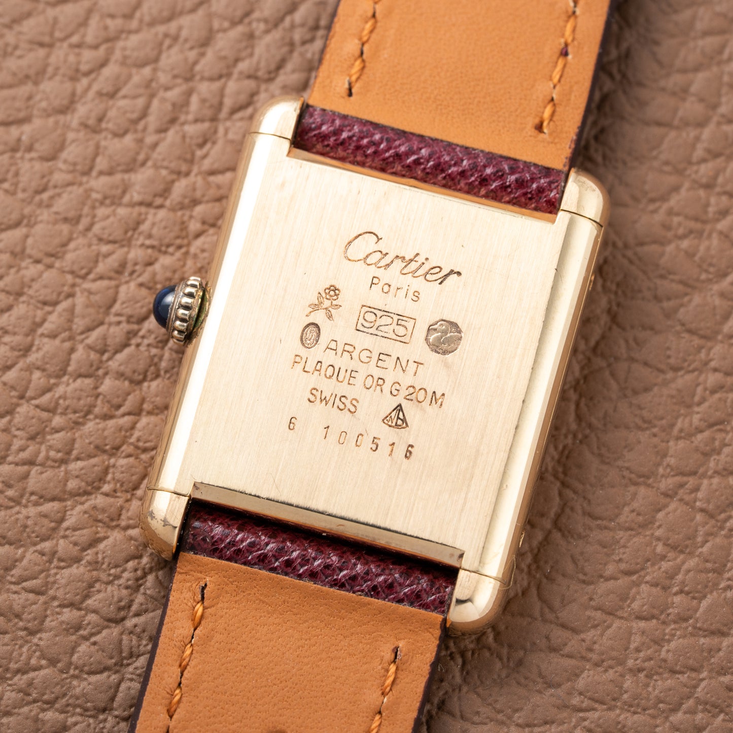Cartier Must de Tank Vermeil Burgundy Red Dial GM 1980s