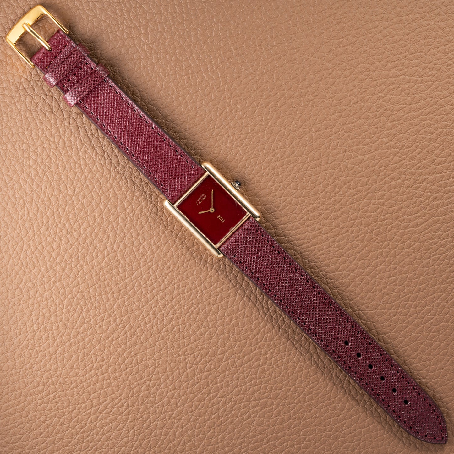 Cartier Must de Tank Vermeil Burgundy Red Dial GM 1980s