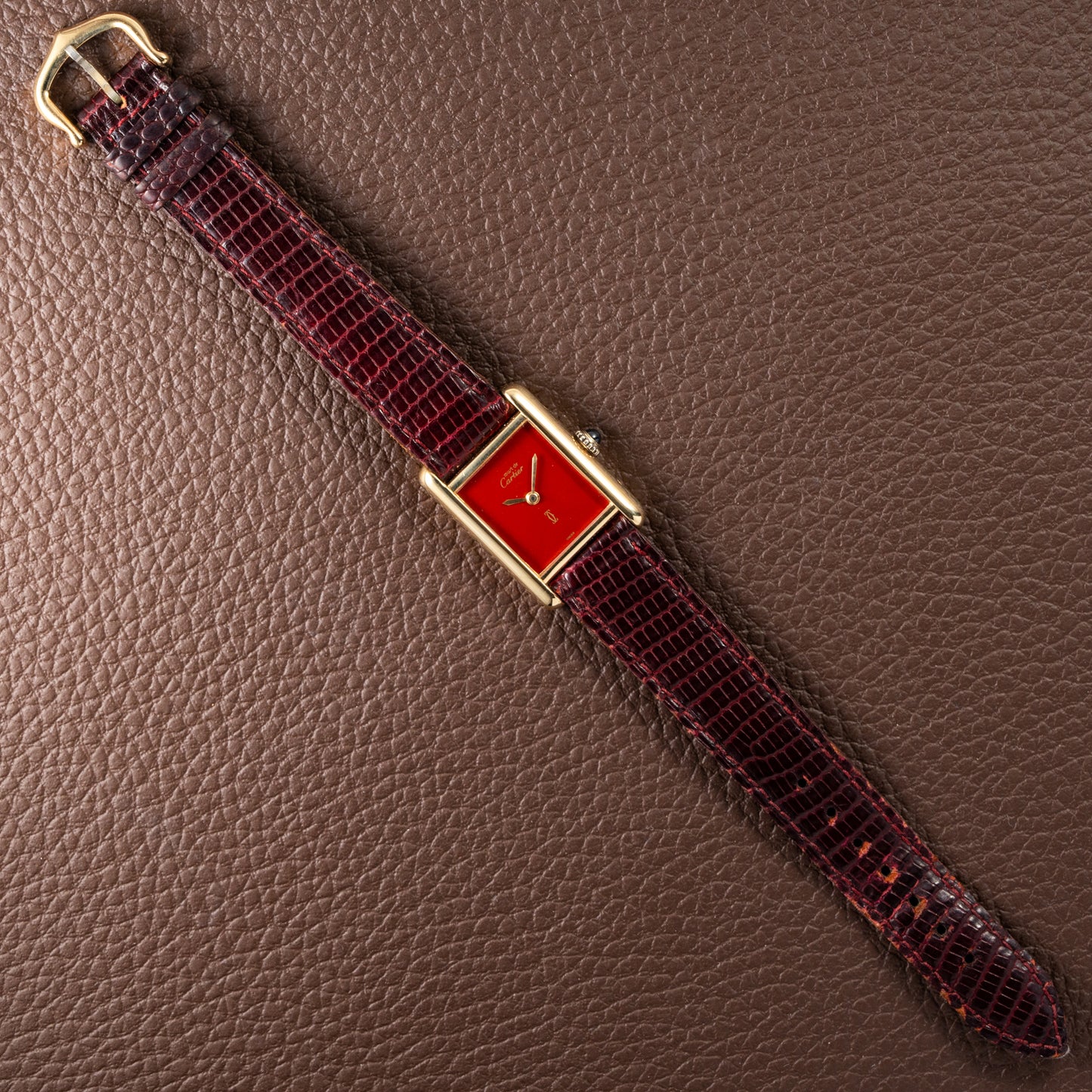 Cartier Must de Tank Vermeil Burgundy Red Dial PM 1980s