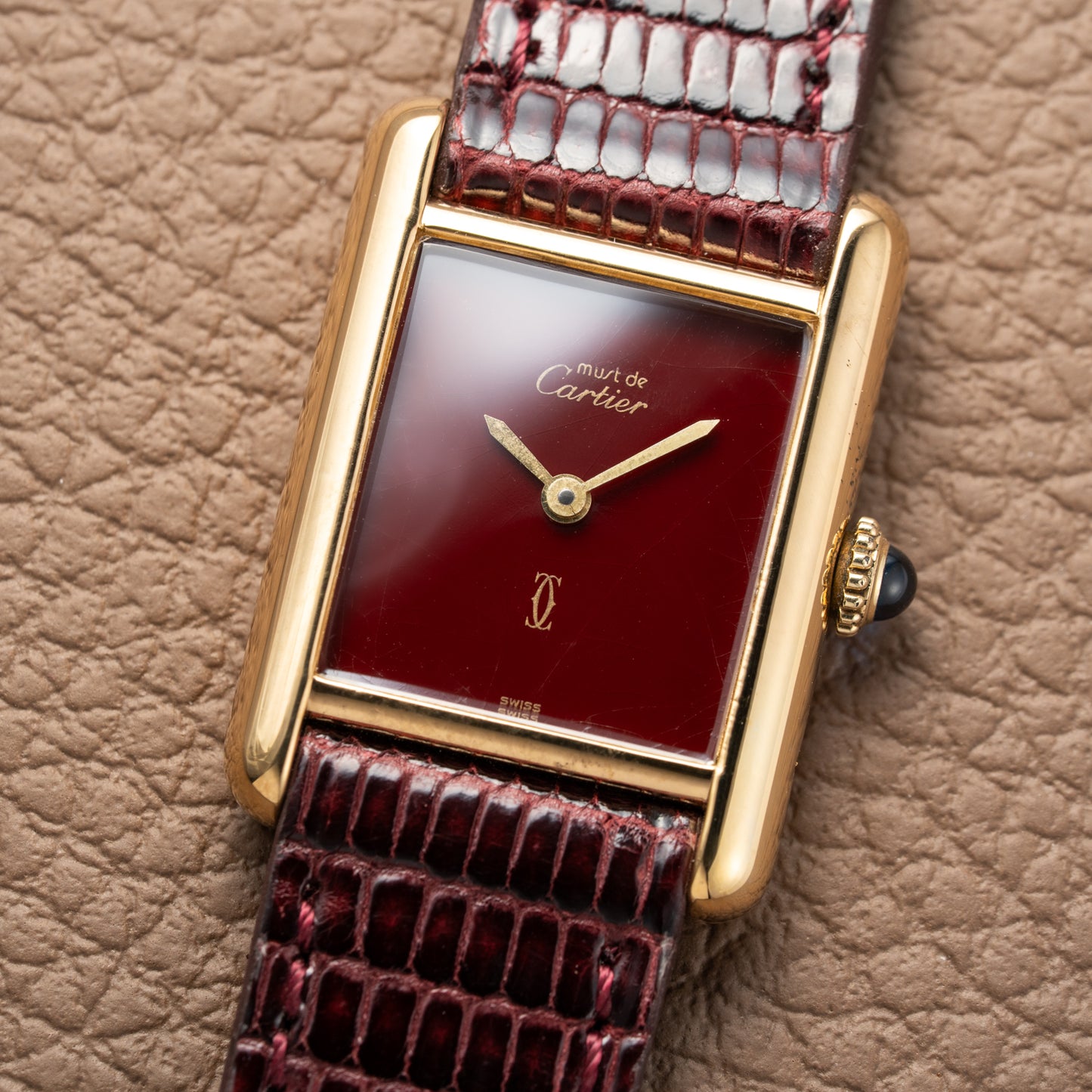 Cartier Must de Tank Vermeil Burgundy Red Dial PM 1980s