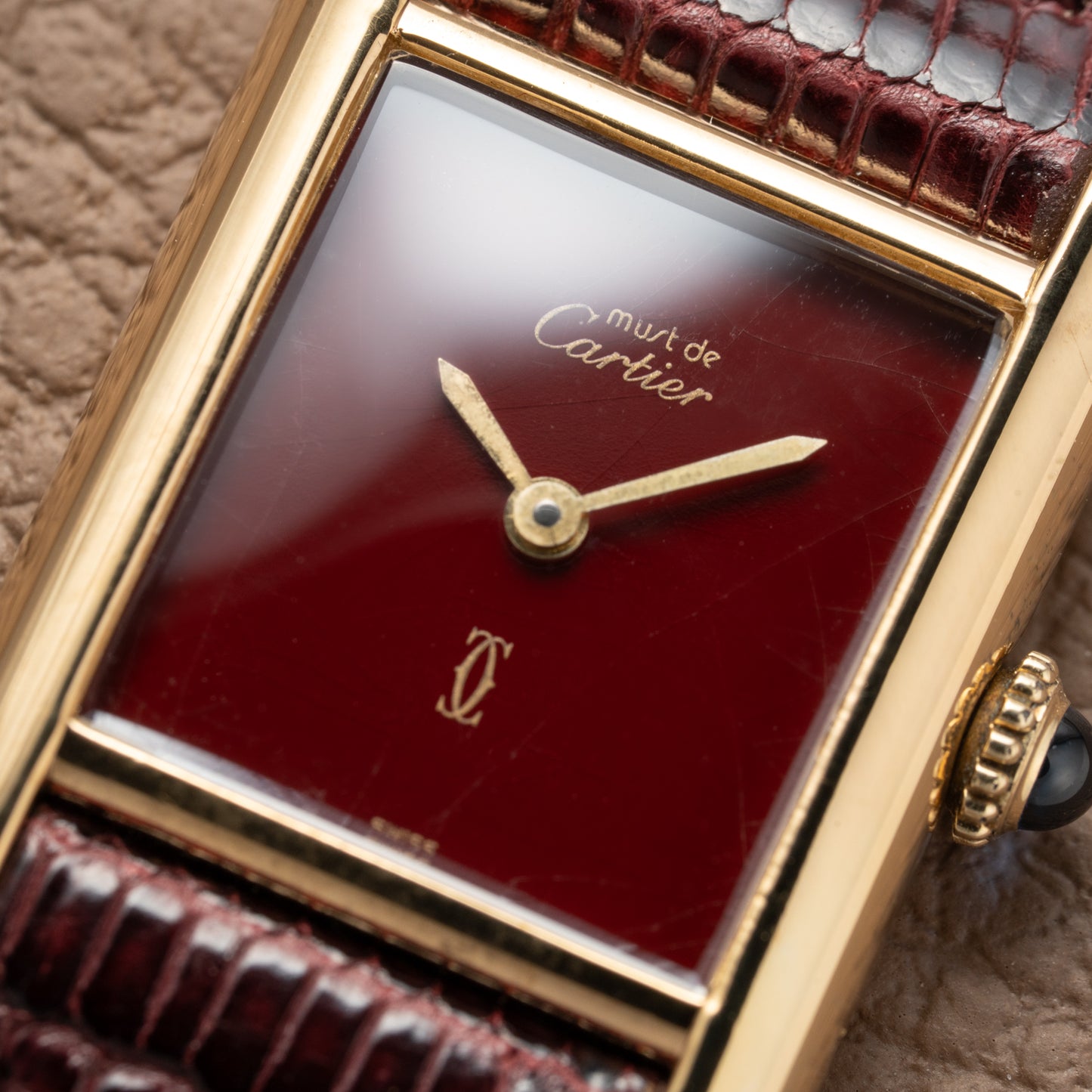 Cartier Must de Tank Vermeil Burgundy Red Dial PM 1980s