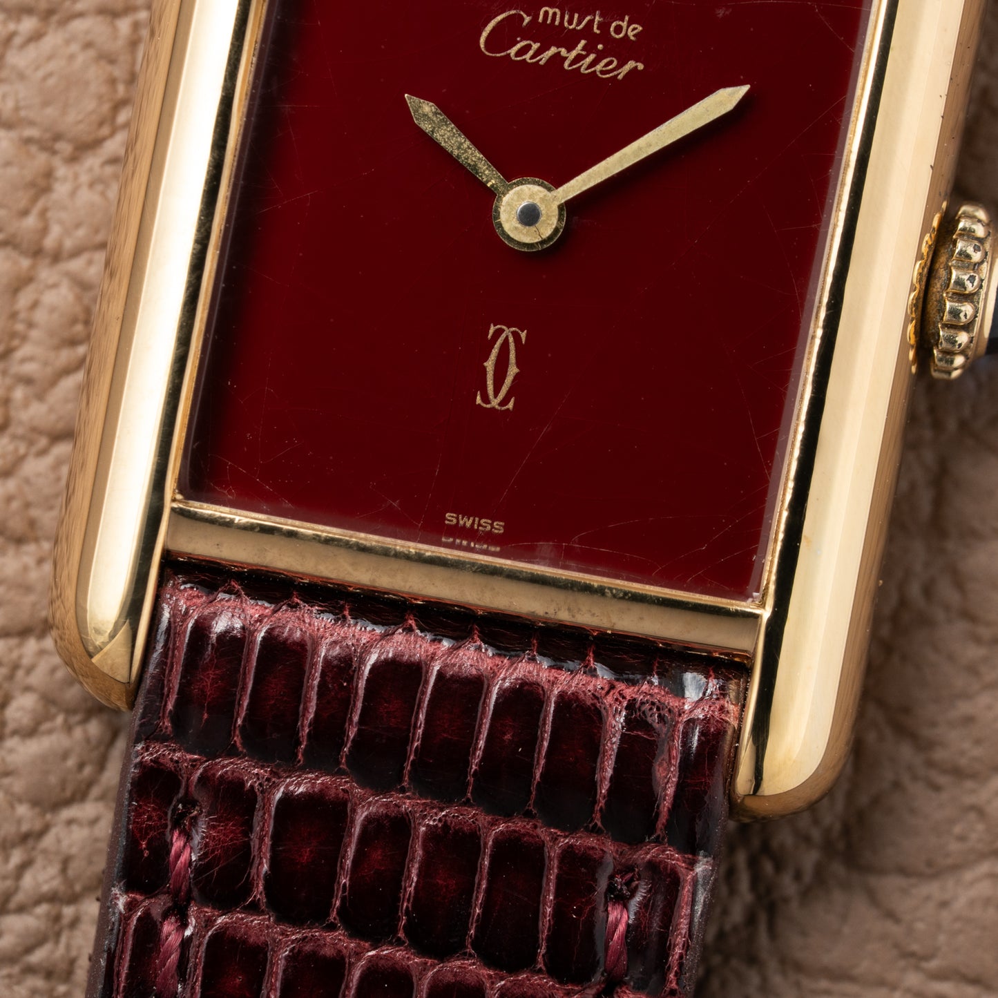 Cartier Must de Tank Vermeil Burgundy Red Dial PM 1980s
