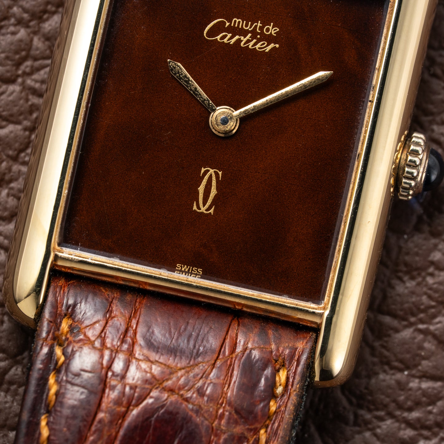 Cartier Tank Must de Vermeil ‘Turtle Shell’ Brown Wood Dial GM 1980s