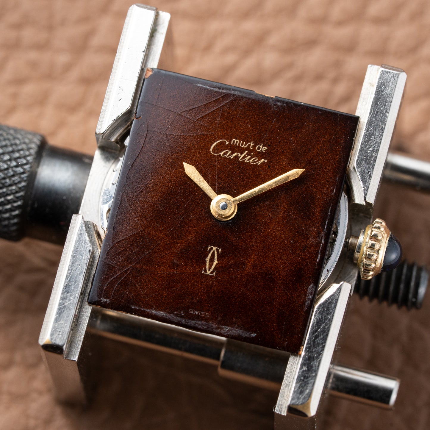 Cartier Tank Must de Vermeil ‘Turtle Shell’ Brown Wood Dial PM 1980s