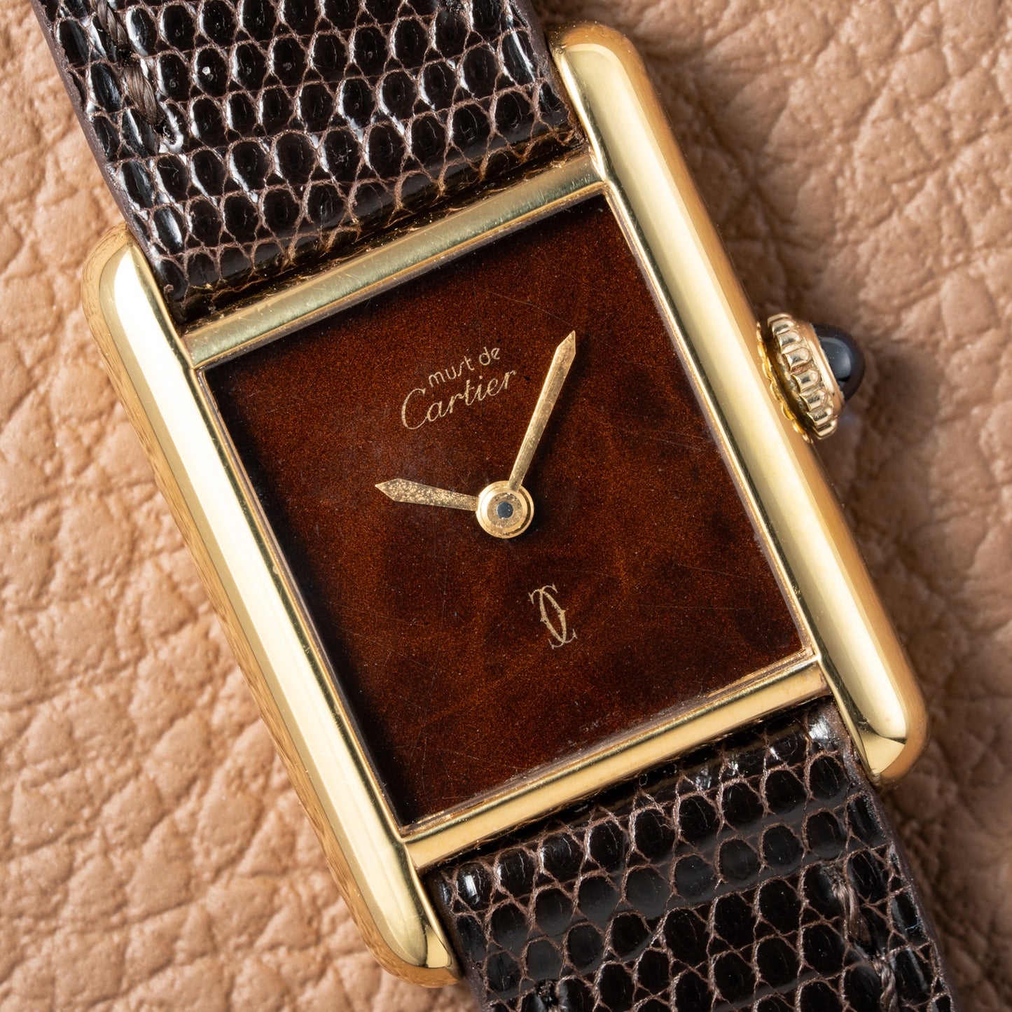 Cartier Tank Must de Vermeil ‘Turtle Shell’ Brown Wood Dial PM 1980s