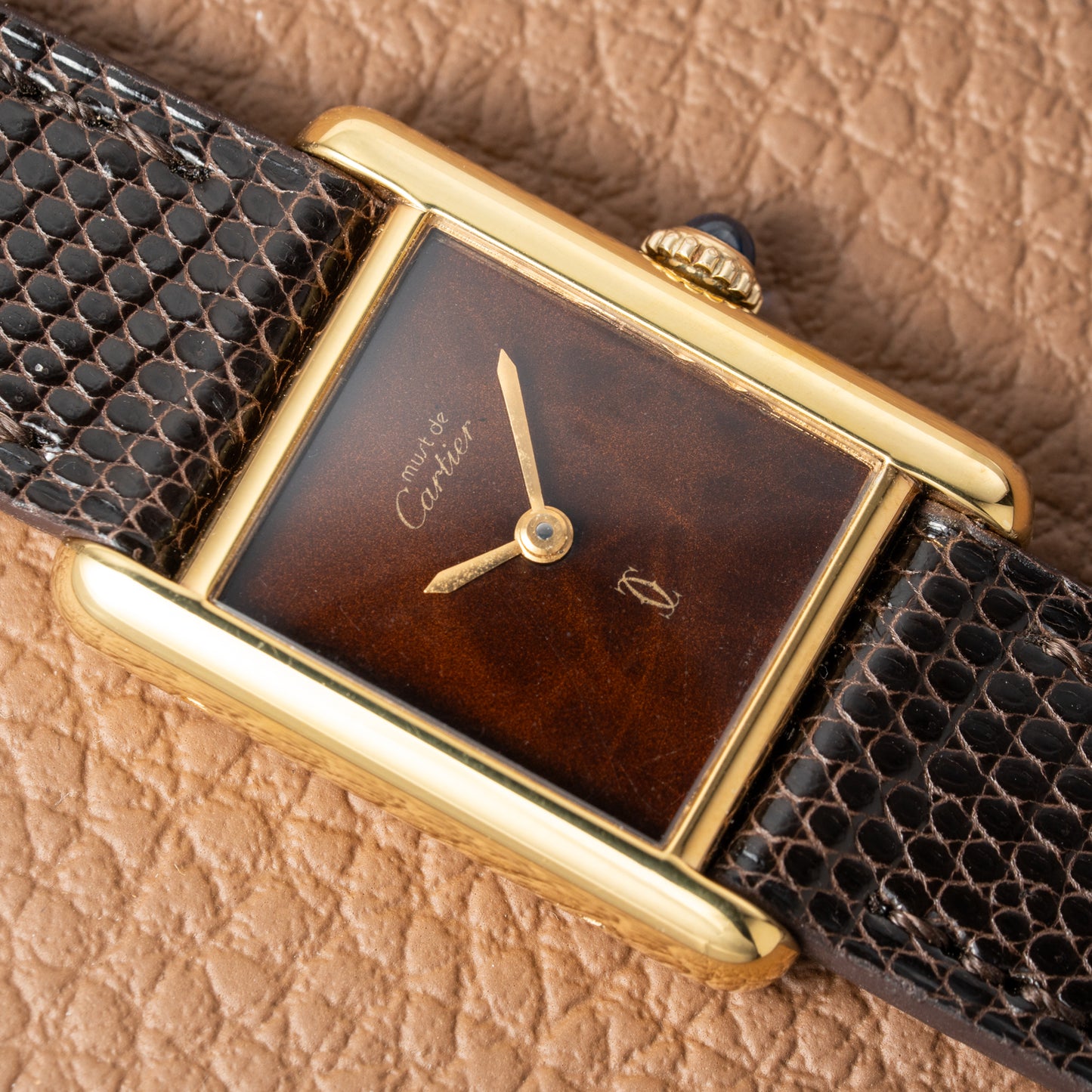 Cartier Tank Must de Vermeil ‘Turtle Shell’ Brown Wood Dial PM 1980s