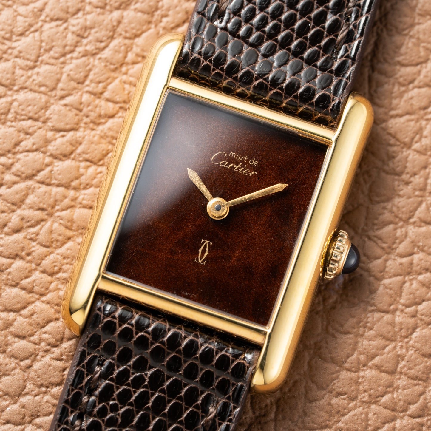 Cartier Tank Must de Vermeil ‘Turtle Shell’ Brown Wood Dial PM 1980s