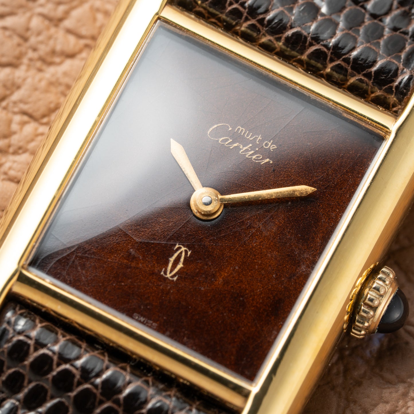 Cartier Tank Must de Vermeil ‘Turtle Shell’ Brown Wood Dial PM 1980s