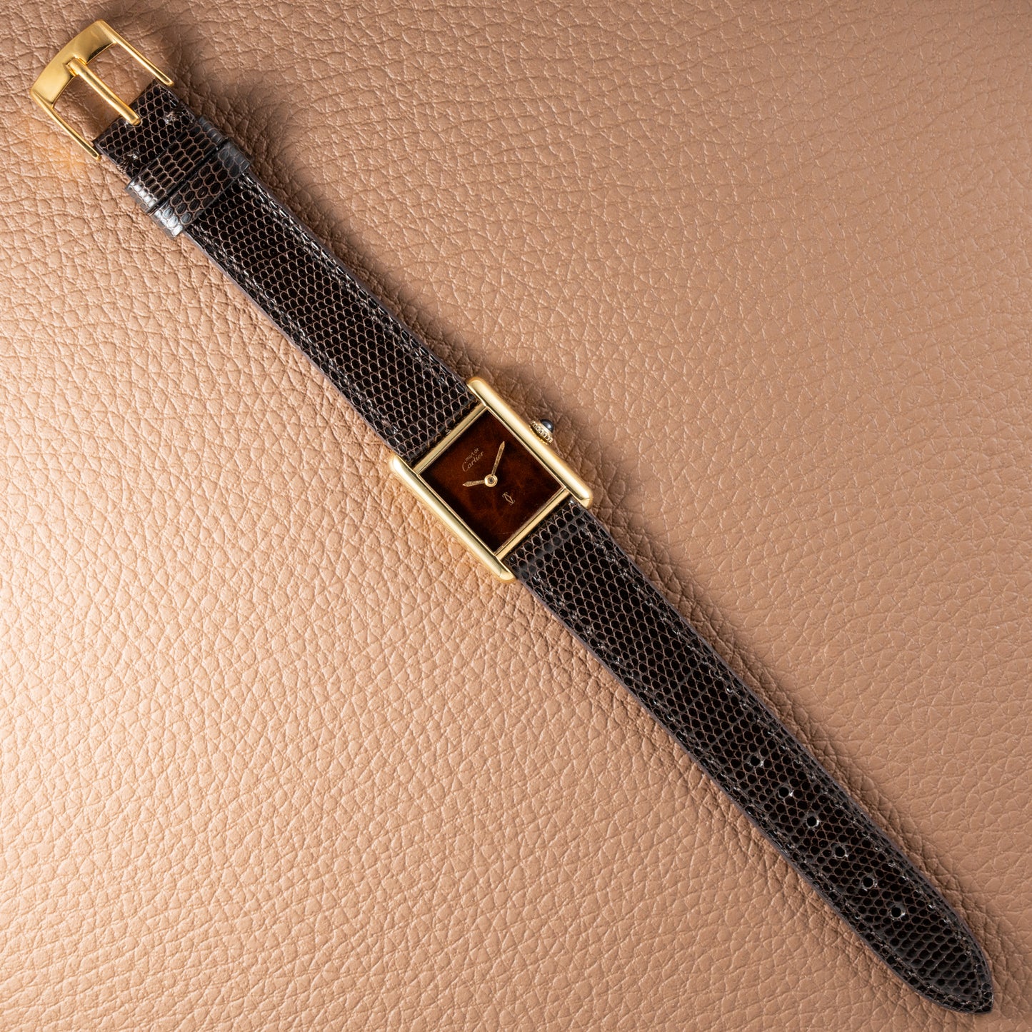 Cartier Tank Must de Vermeil ‘Turtle Shell’ Brown Wood Dial PM 1980s