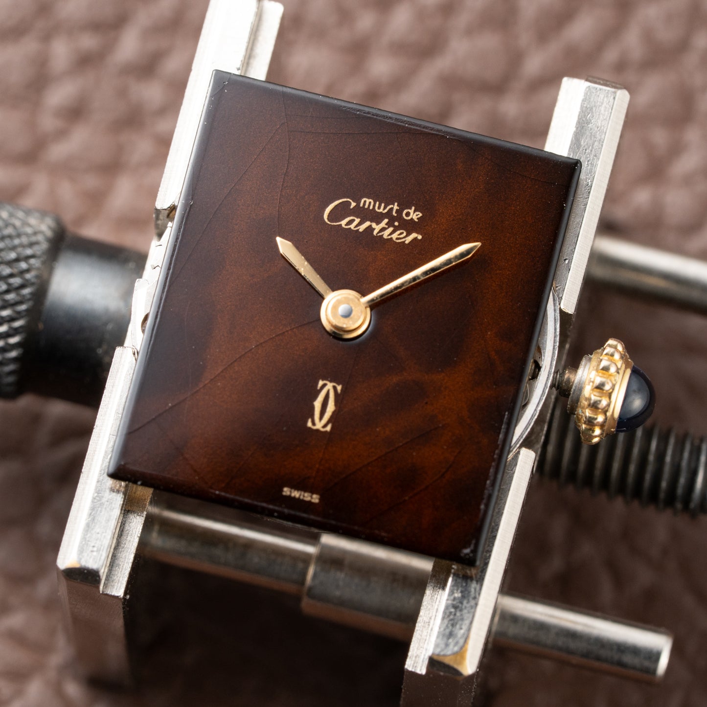 Cartier Tank Must de Vermeil ‘Turtle Shell’ Brown Wood Dial PM from 1980s