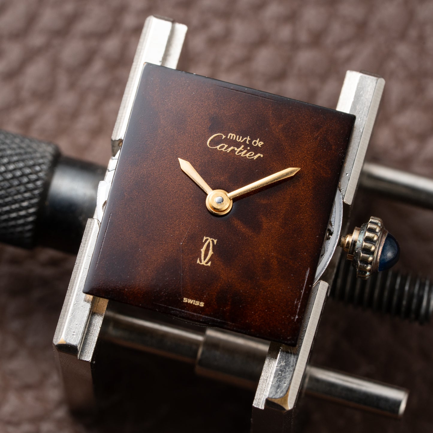 Cartier Tank Must de Vermeil ‘Turtle Shell’ Brown Wood Dial PM from 1980s