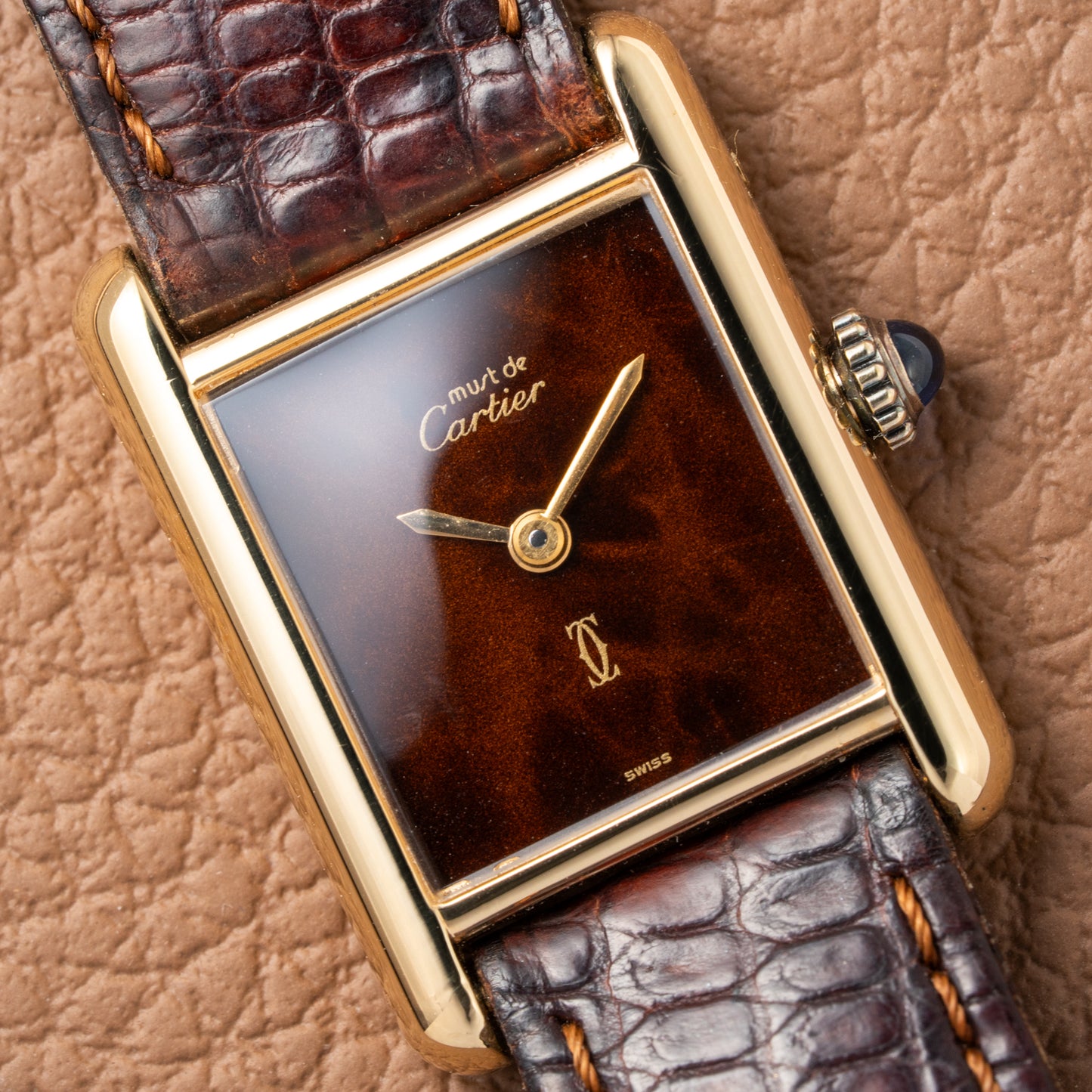 Cartier Tank Must de Vermeil ‘Turtle Shell’ Brown Wood Dial PM from 1980s