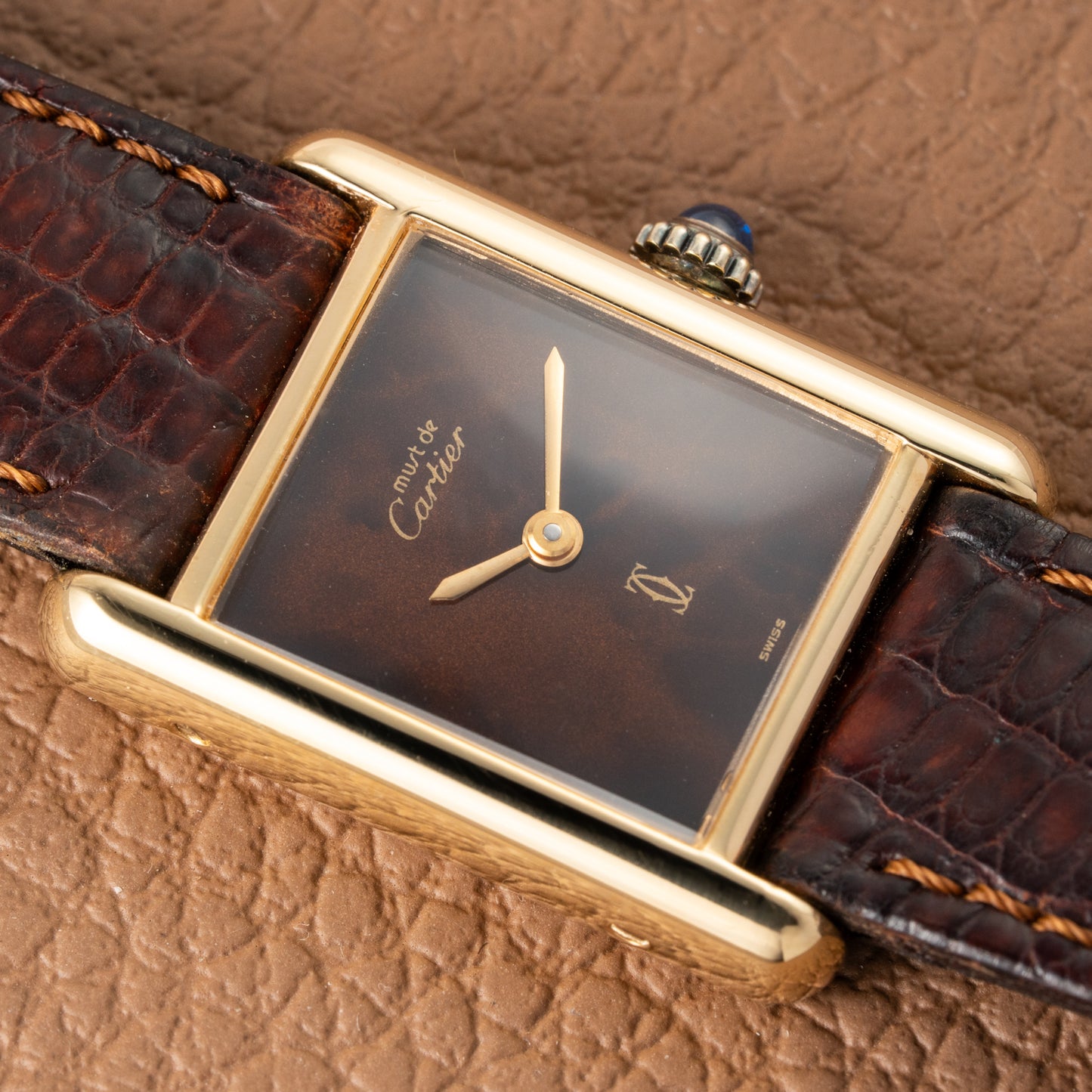 Cartier Tank Must de Vermeil ‘Turtle Shell’ Brown Wood Dial PM from 1980s