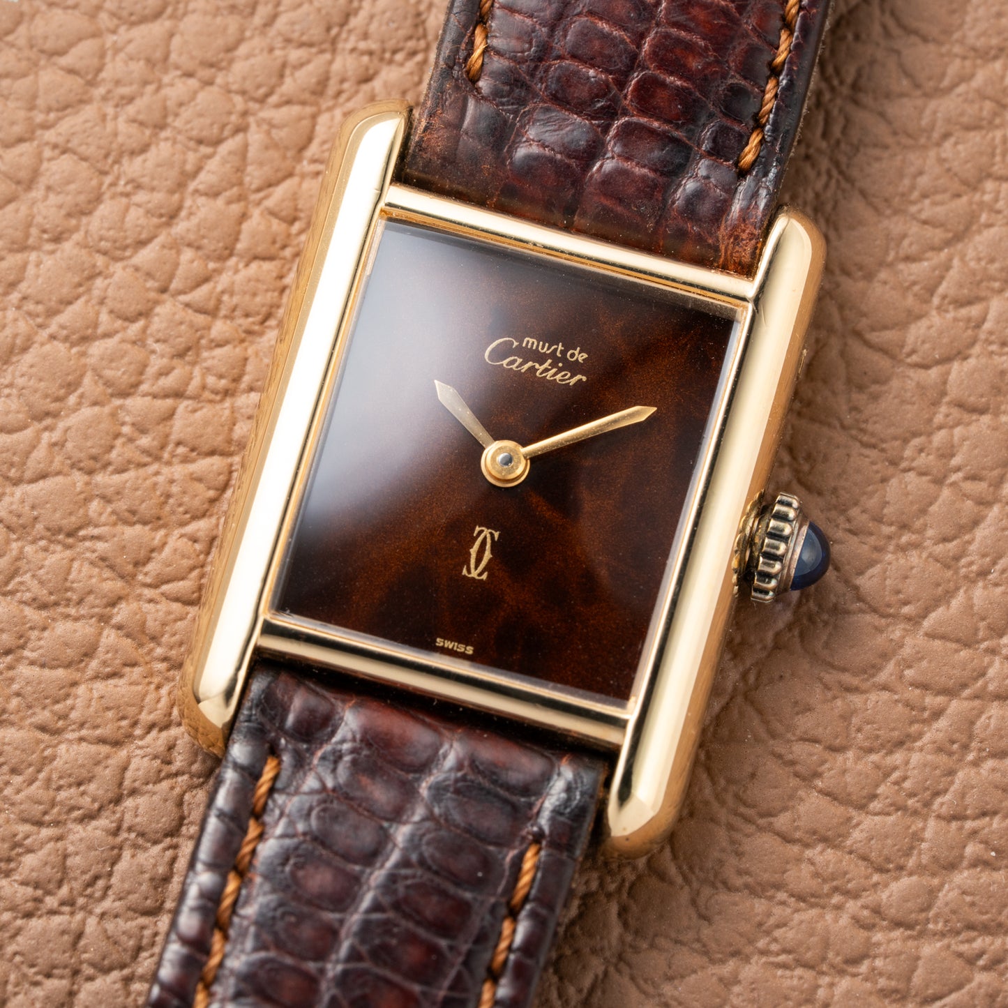 Cartier Tank Must de Vermeil ‘Turtle Shell’ Brown Wood Dial PM from 1980s