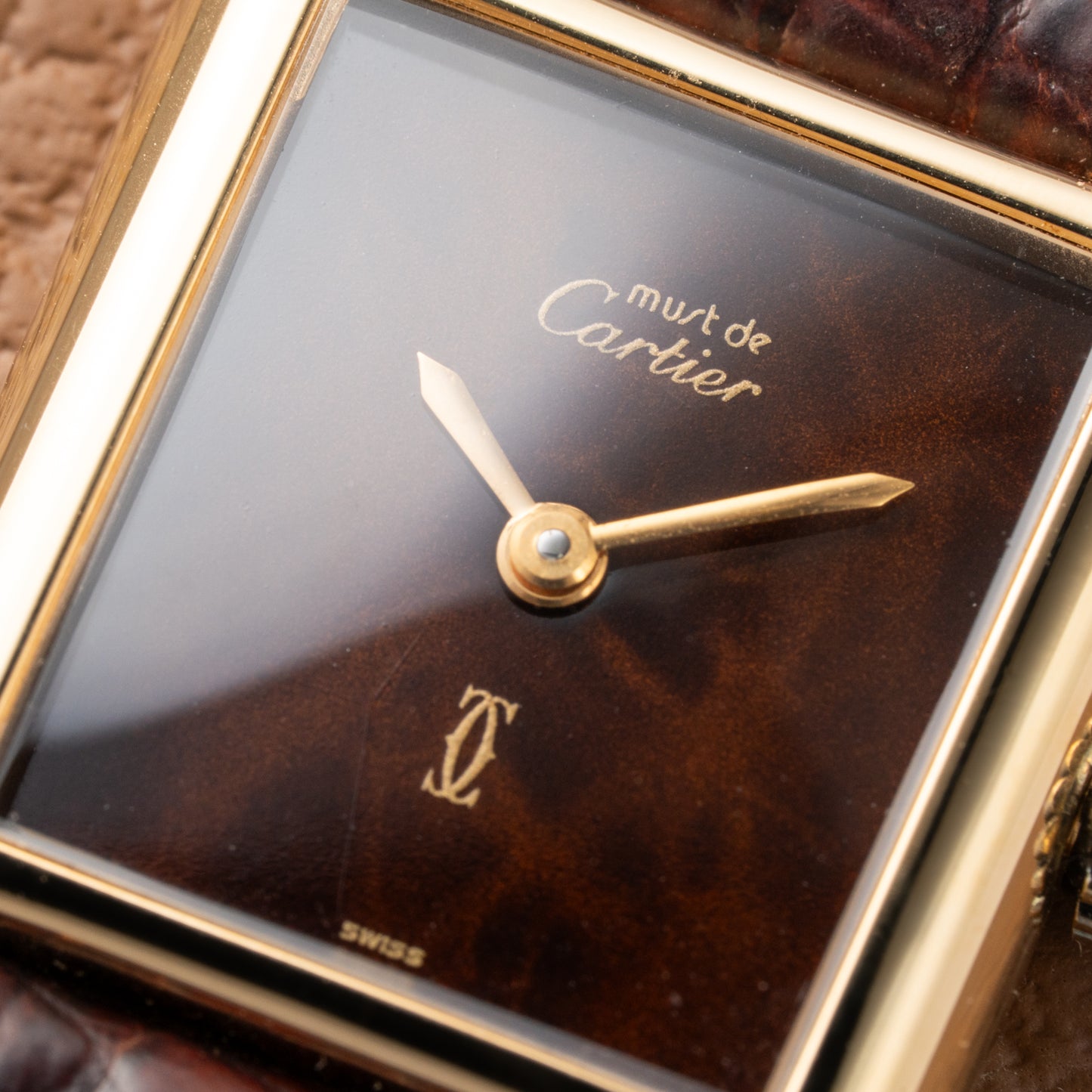 Cartier Tank Must de Vermeil ‘Turtle Shell’ Brown Wood Dial PM from 1980s